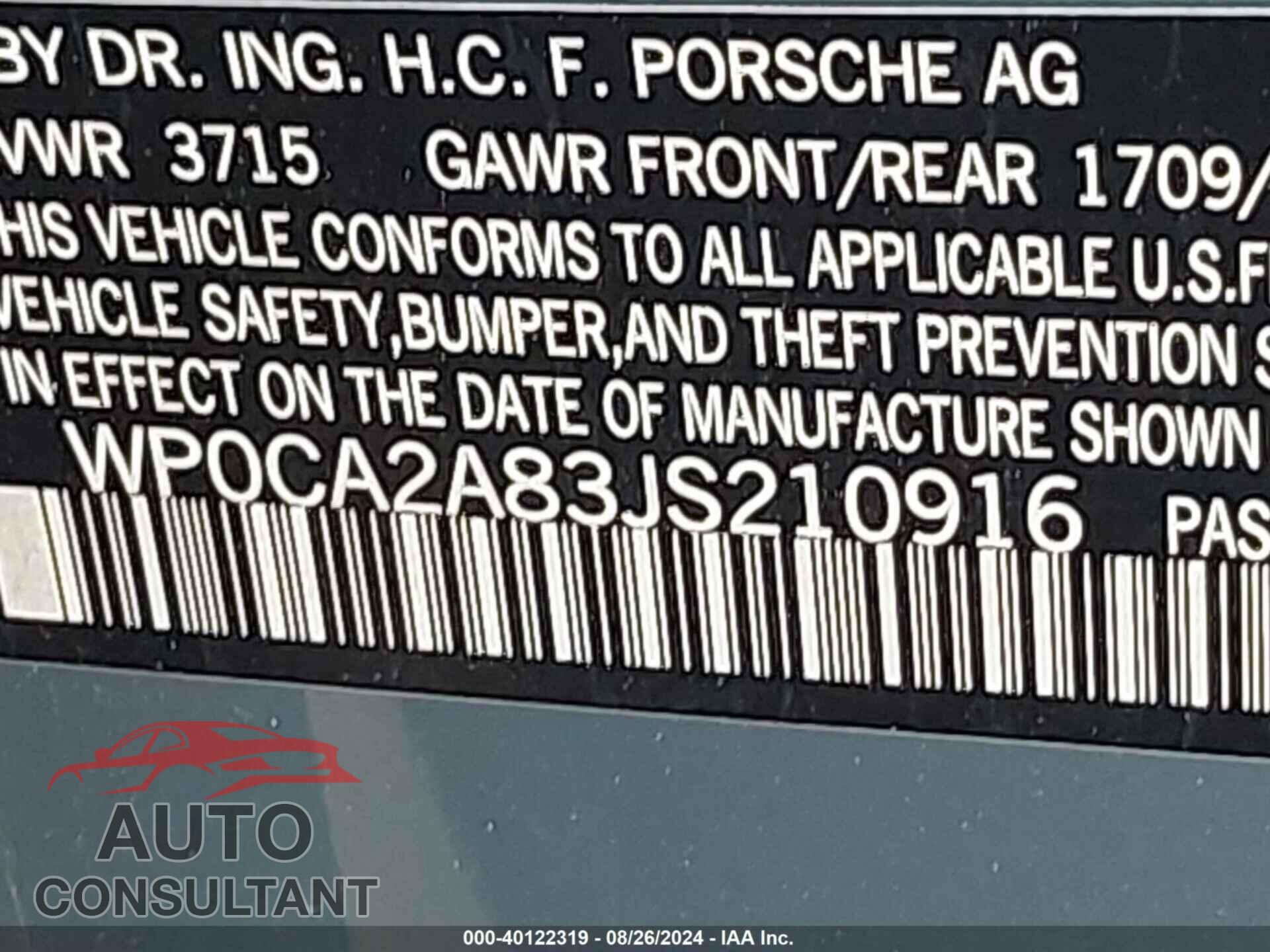 PORSCHE 718 BOXSTER 2018 - WP0CA2A83JS210916