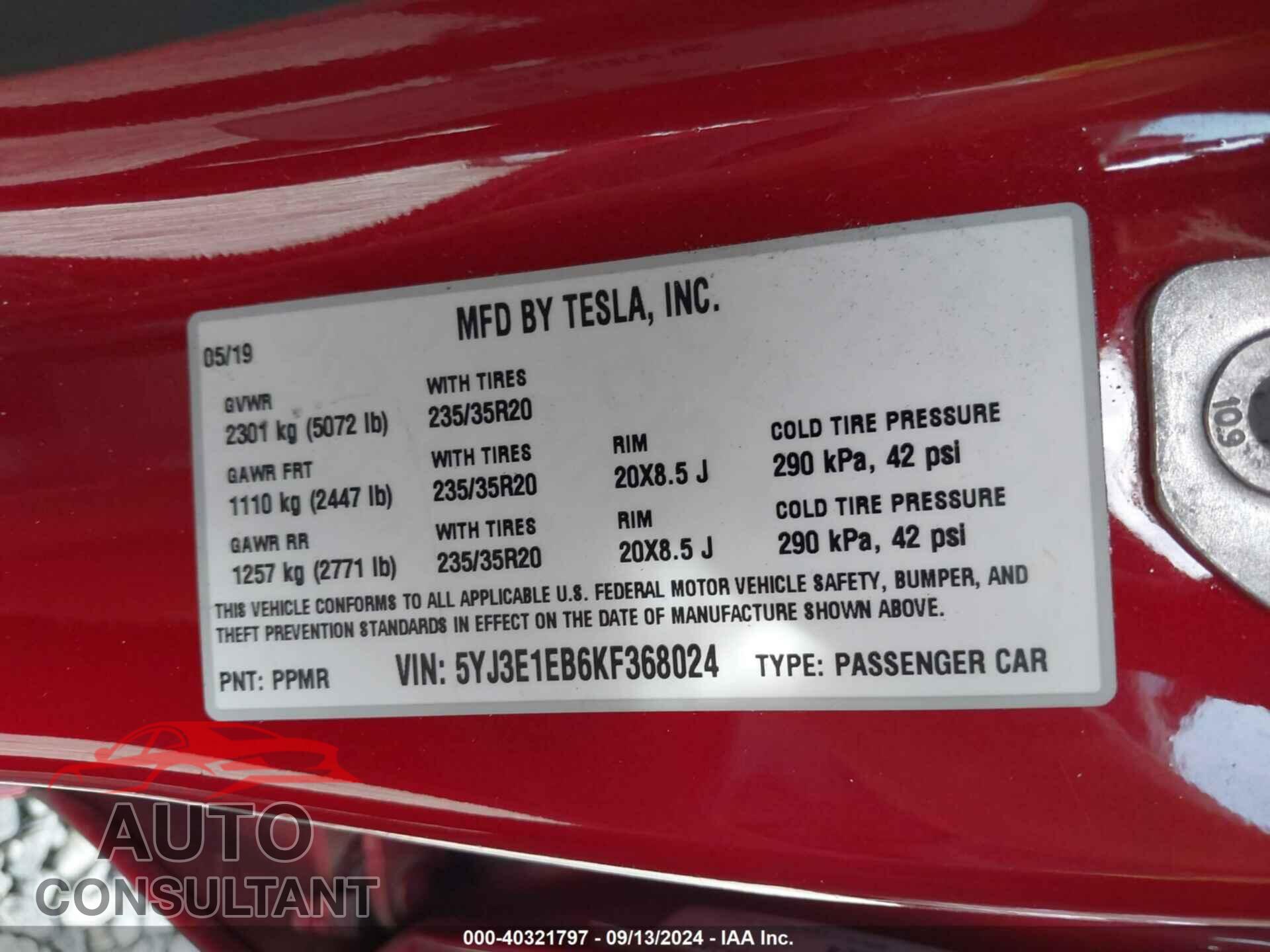 TESLA MODEL 3 2019 - 5YJ3E1EB6KF368024