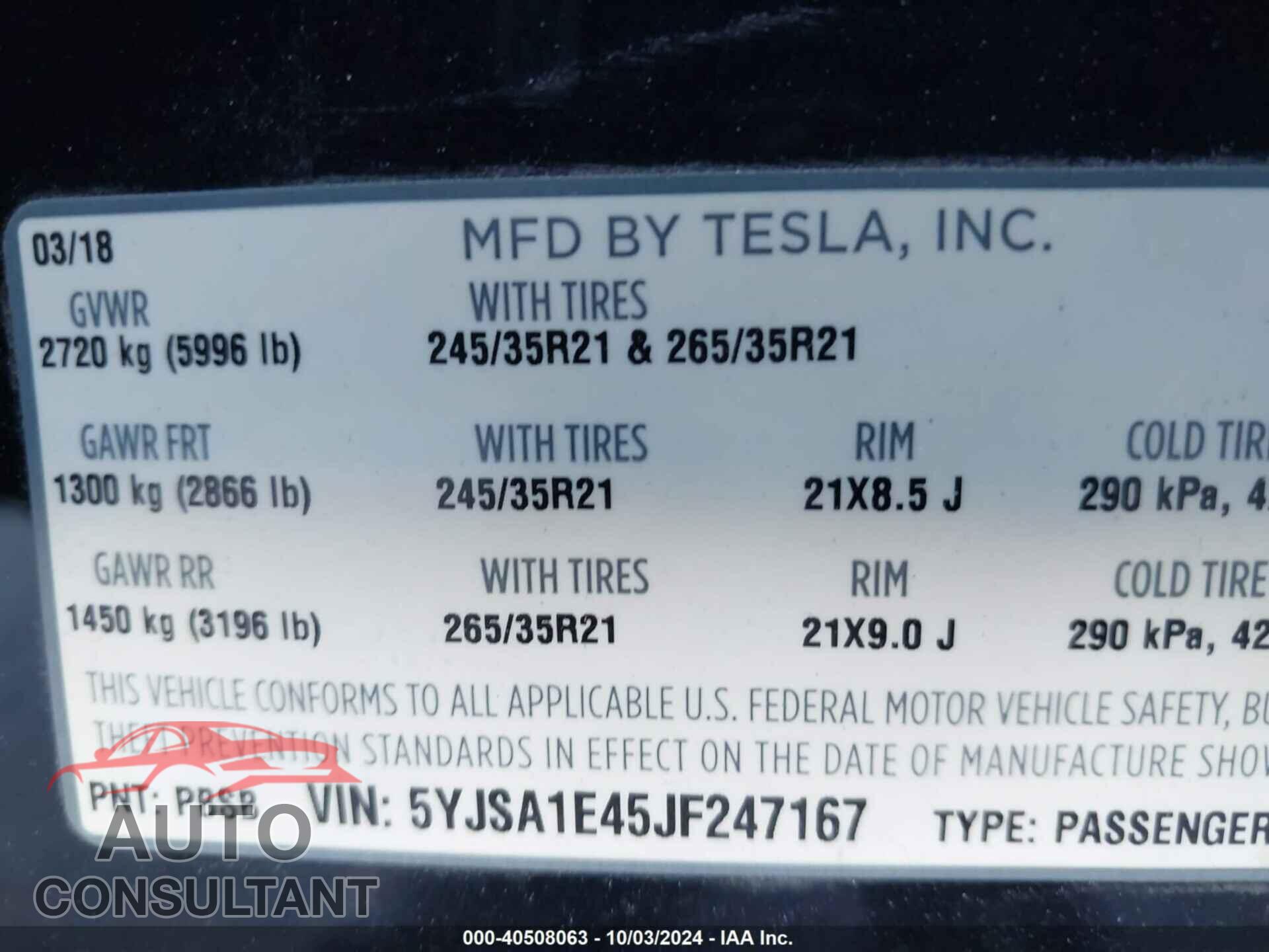 TESLA MODEL S 2018 - 5YJSA1E45JF247167