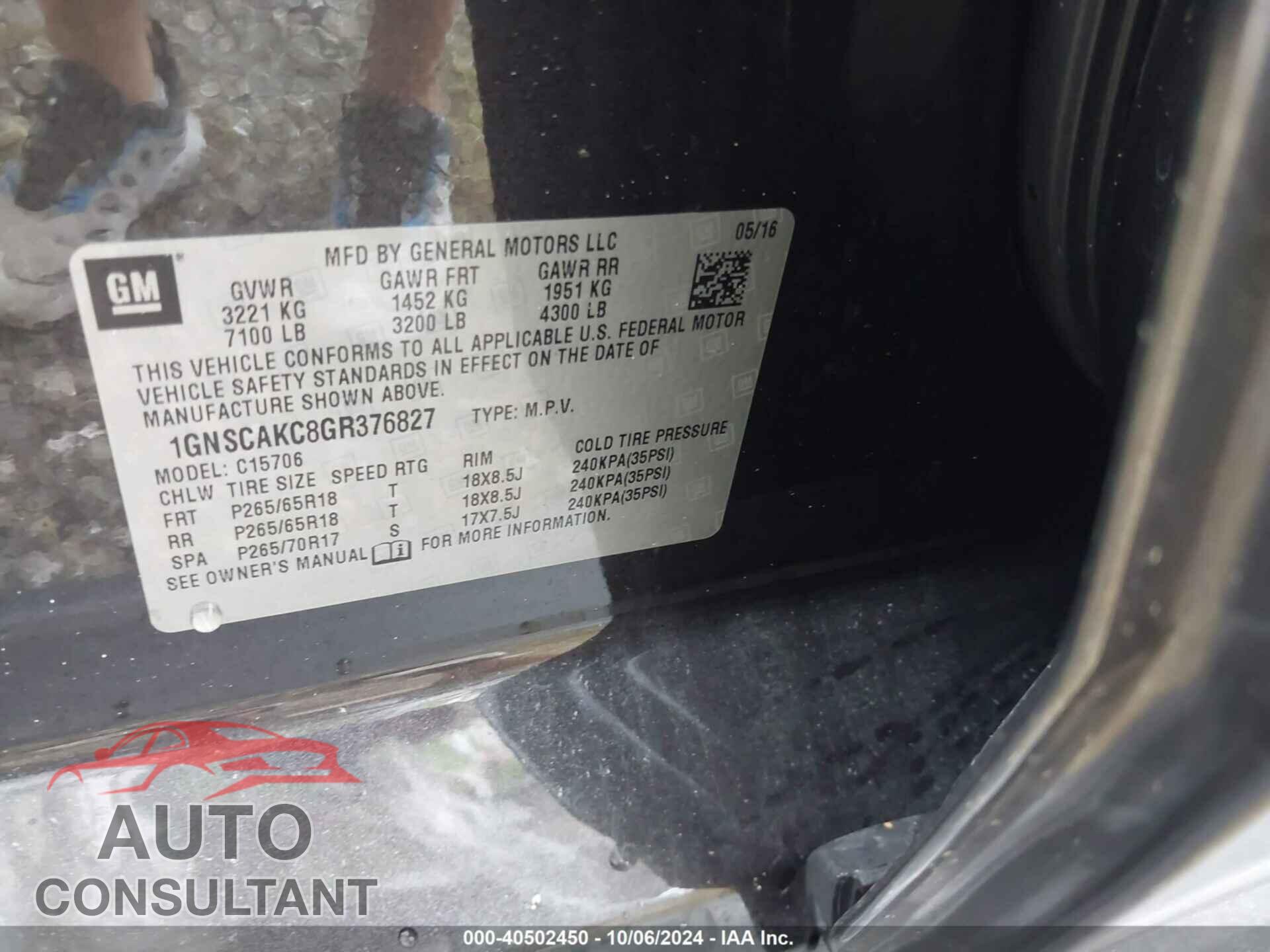 CHEVROLET TAHOE 2016 - 1GNSCAKC8GR376827