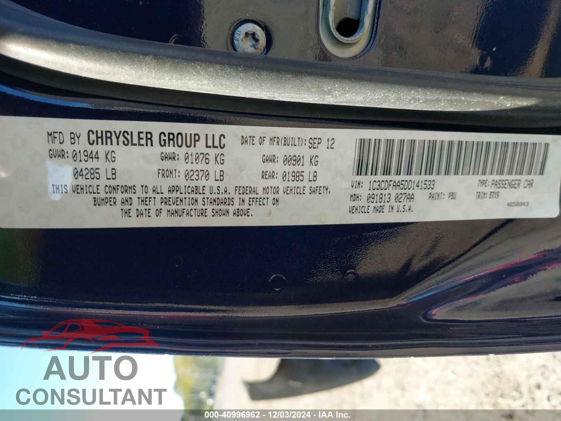 DODGE DART 2013 - 1C3CDFAA5DD141533