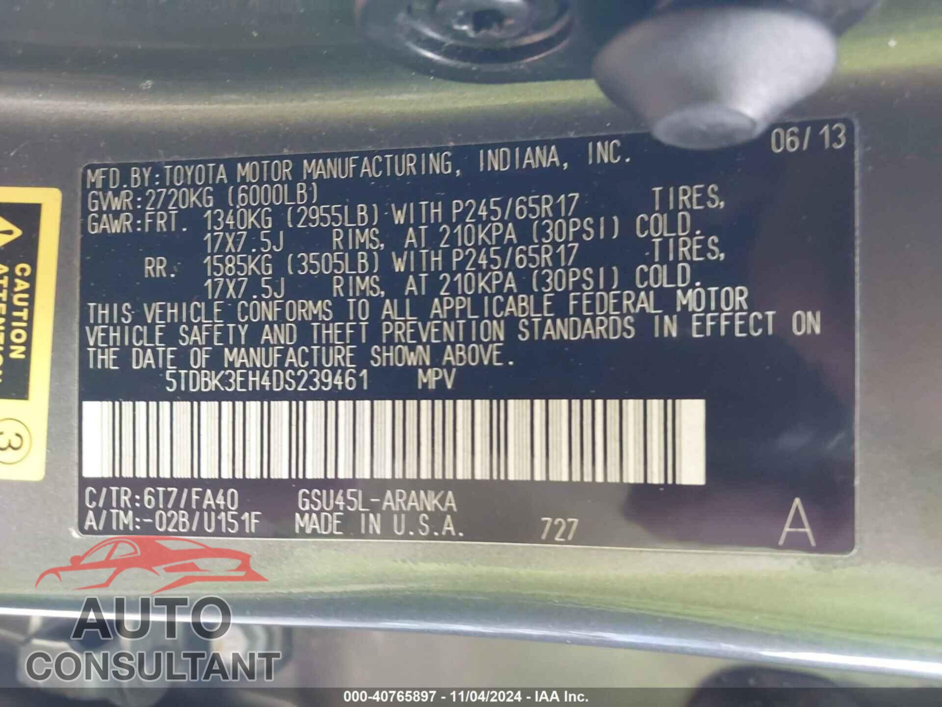 TOYOTA HIGHLANDER 2013 - 5TDBK3EH4DS239461