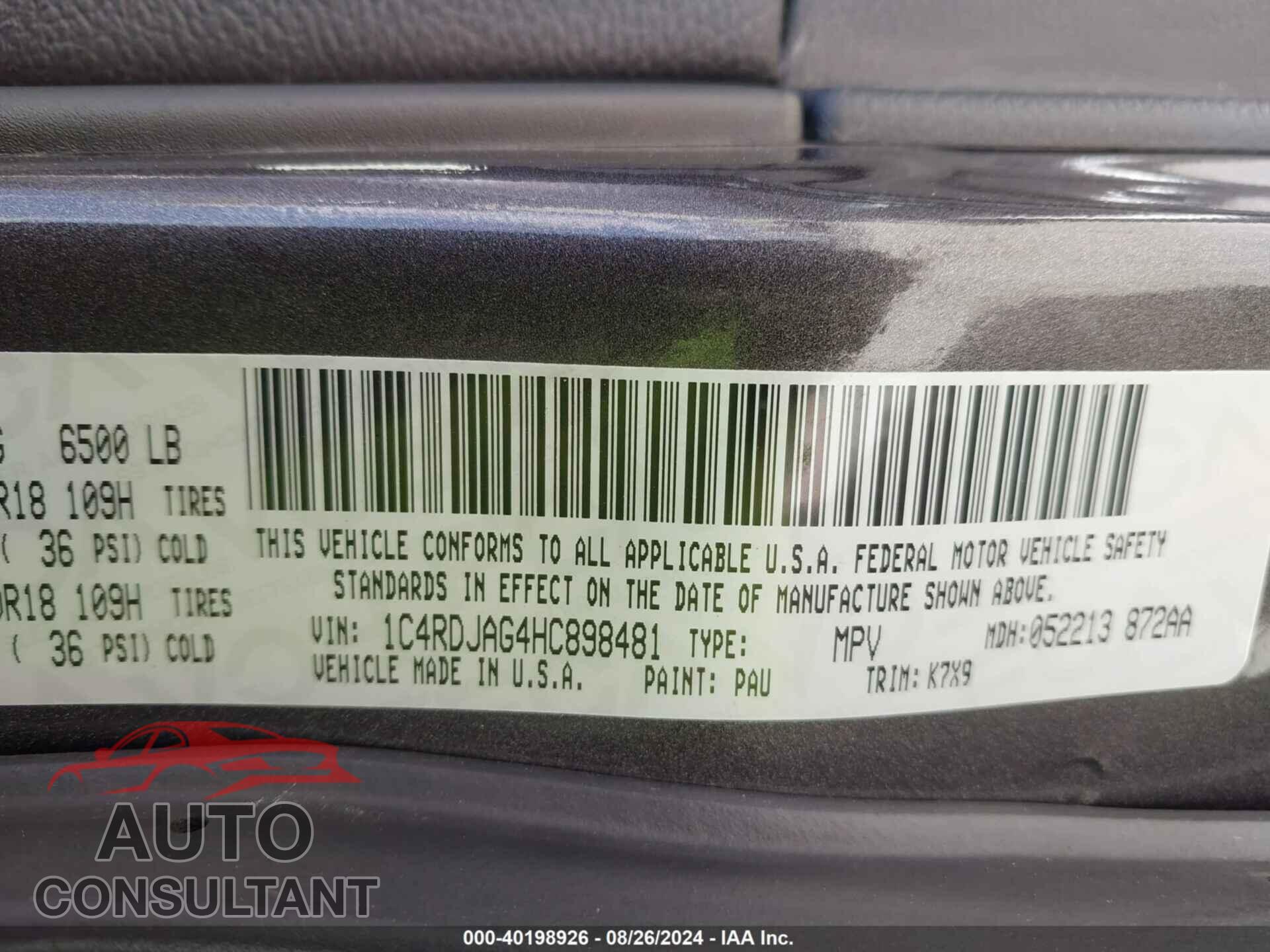 DODGE DURANGO 2017 - 1C4RDJAG4HC898481