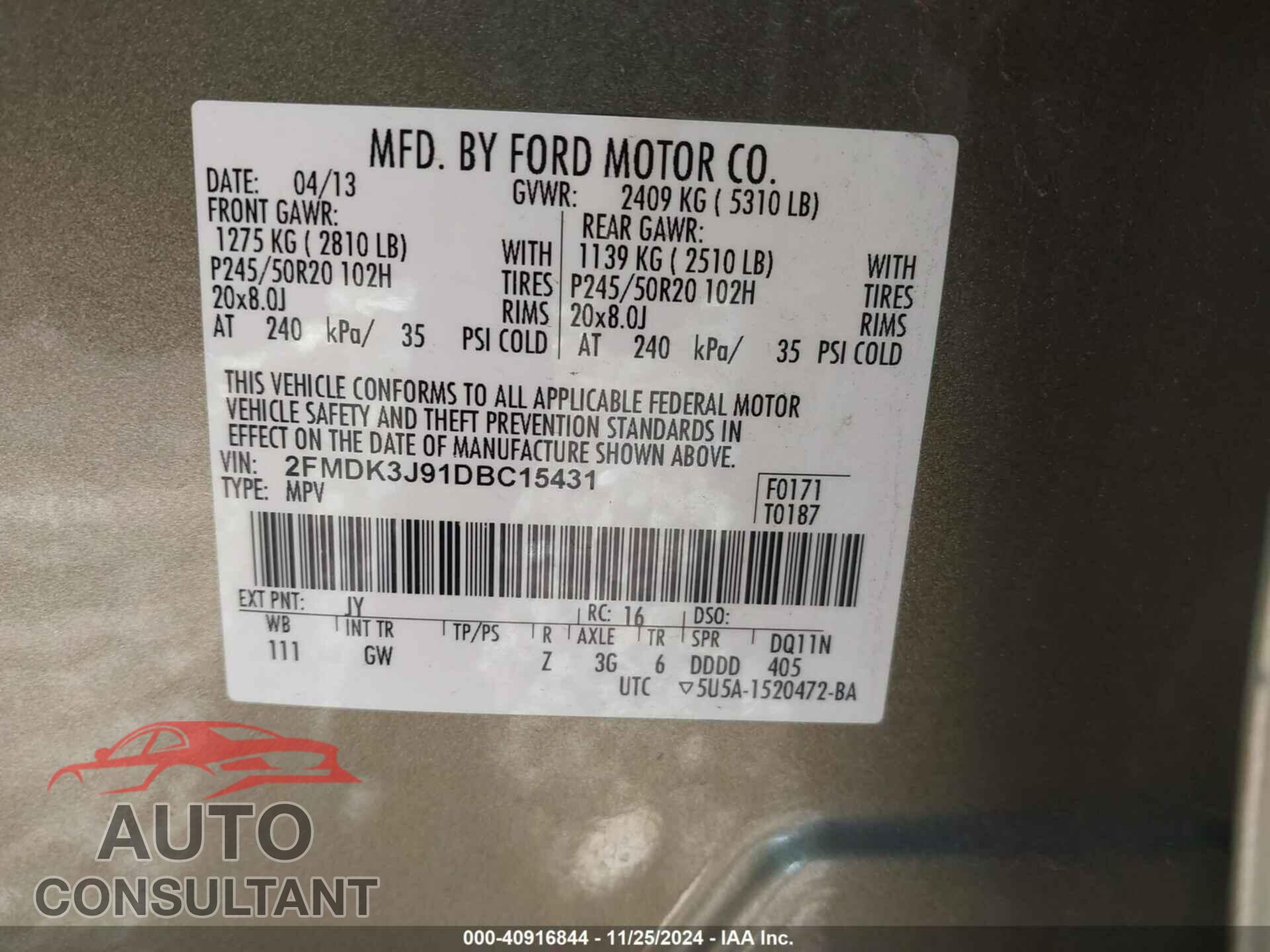 FORD EDGE 2013 - 2FMDK3J91DBC15431