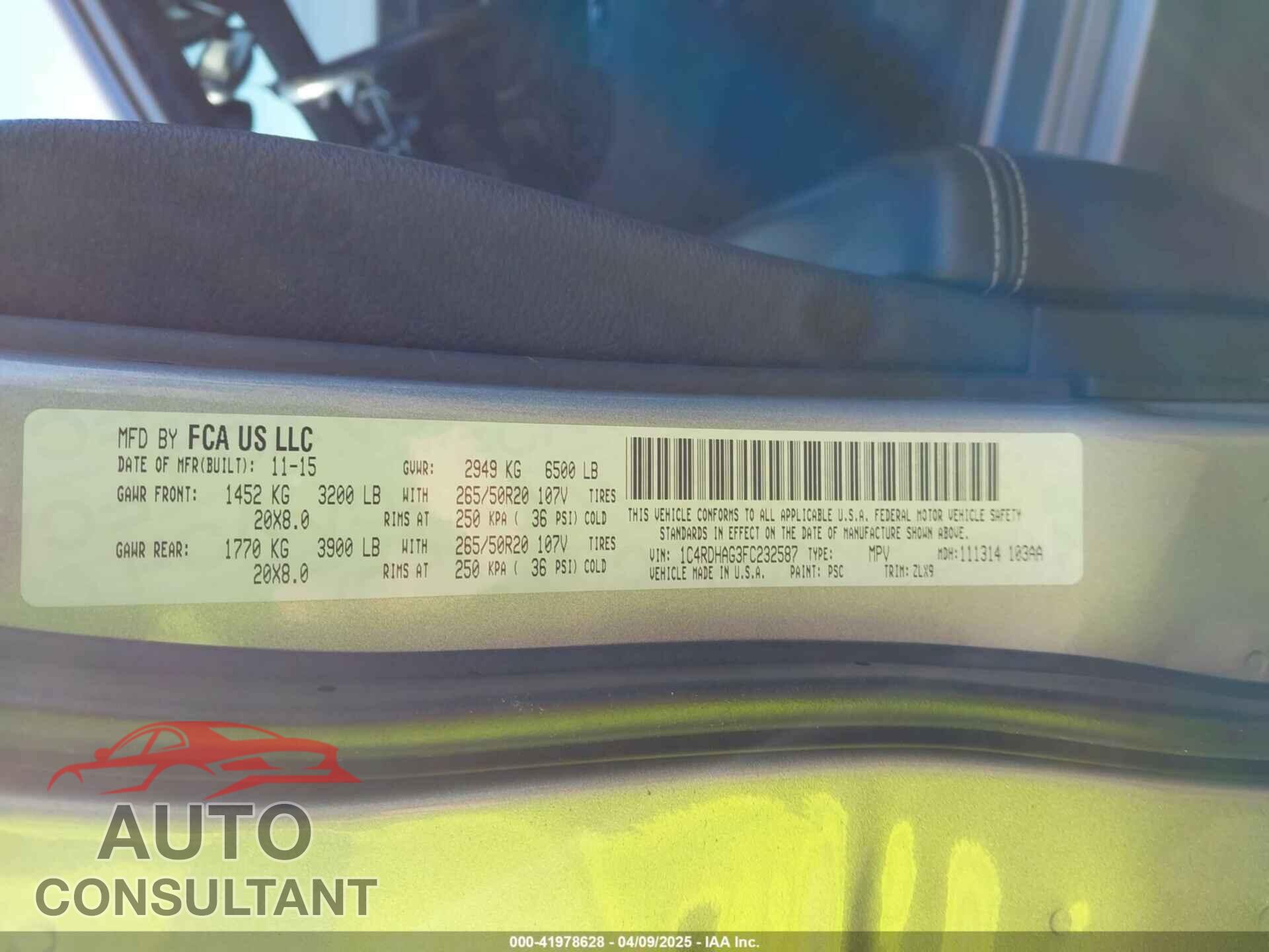 DODGE DURANGO 2015 - 1C4RDHAG3FC232587