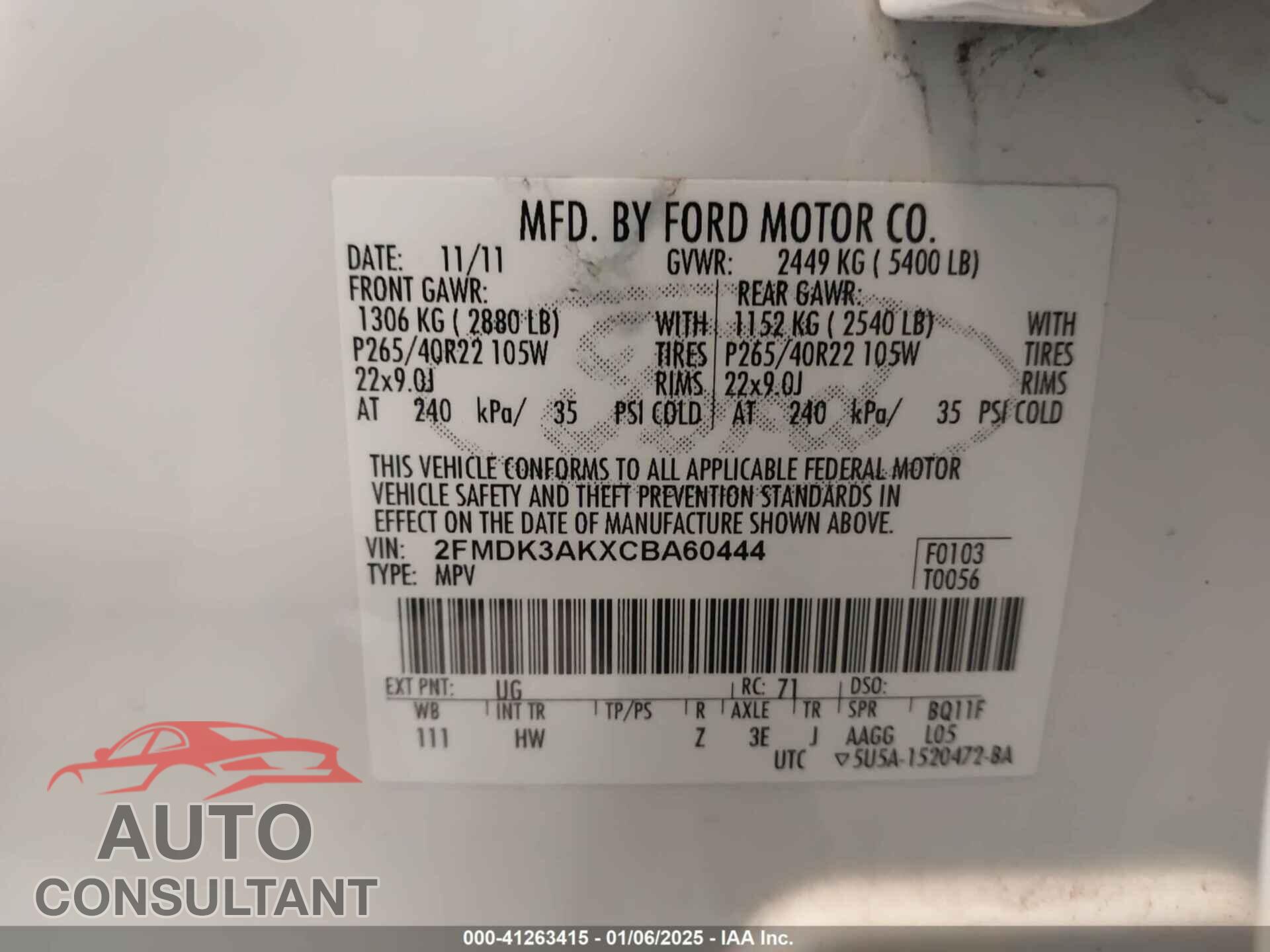 FORD EDGE 2012 - 2FMDK3AKXCBA60444
