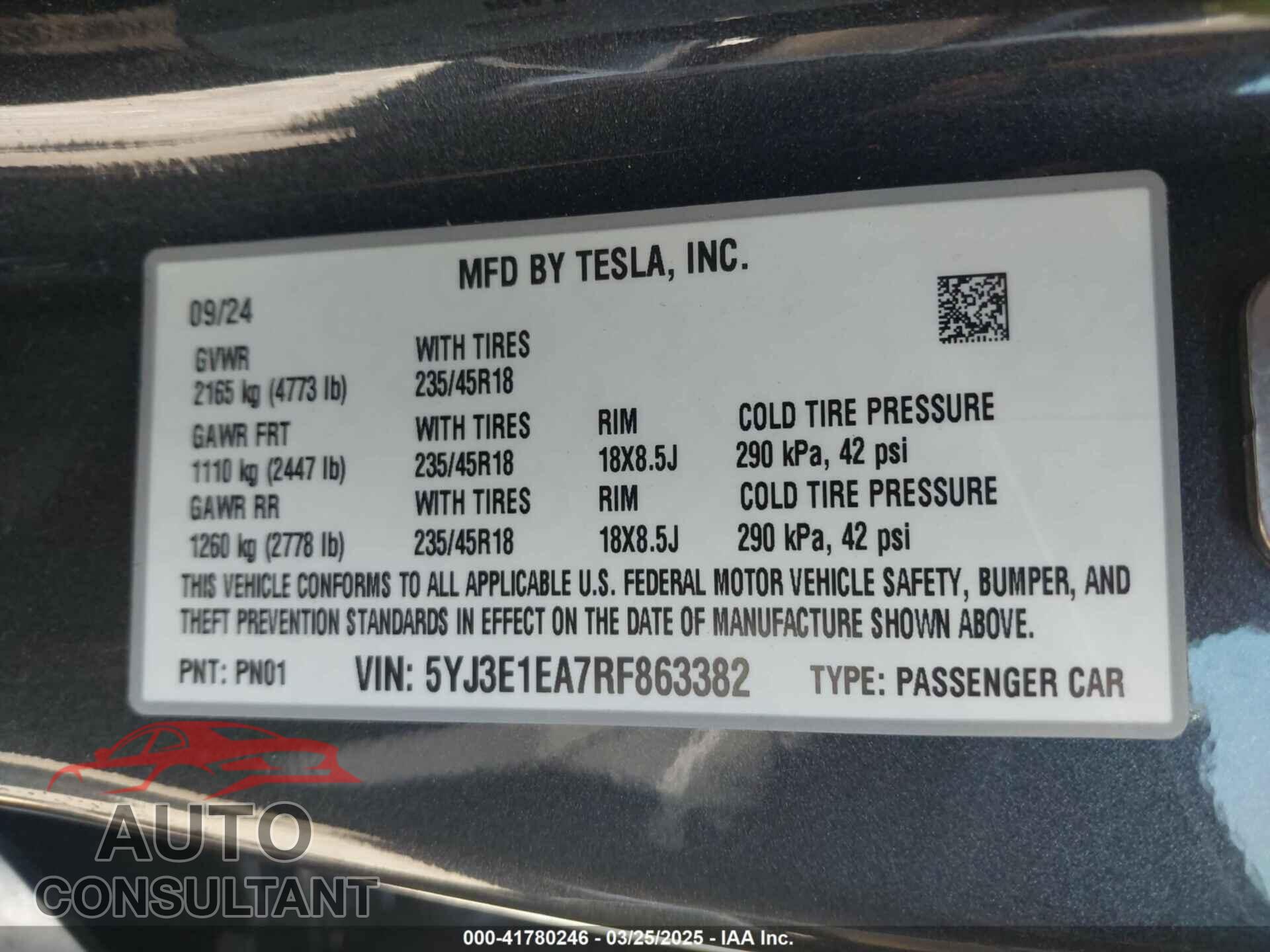TESLA MODEL 3 2024 - 5YJ3E1EA7RF863382