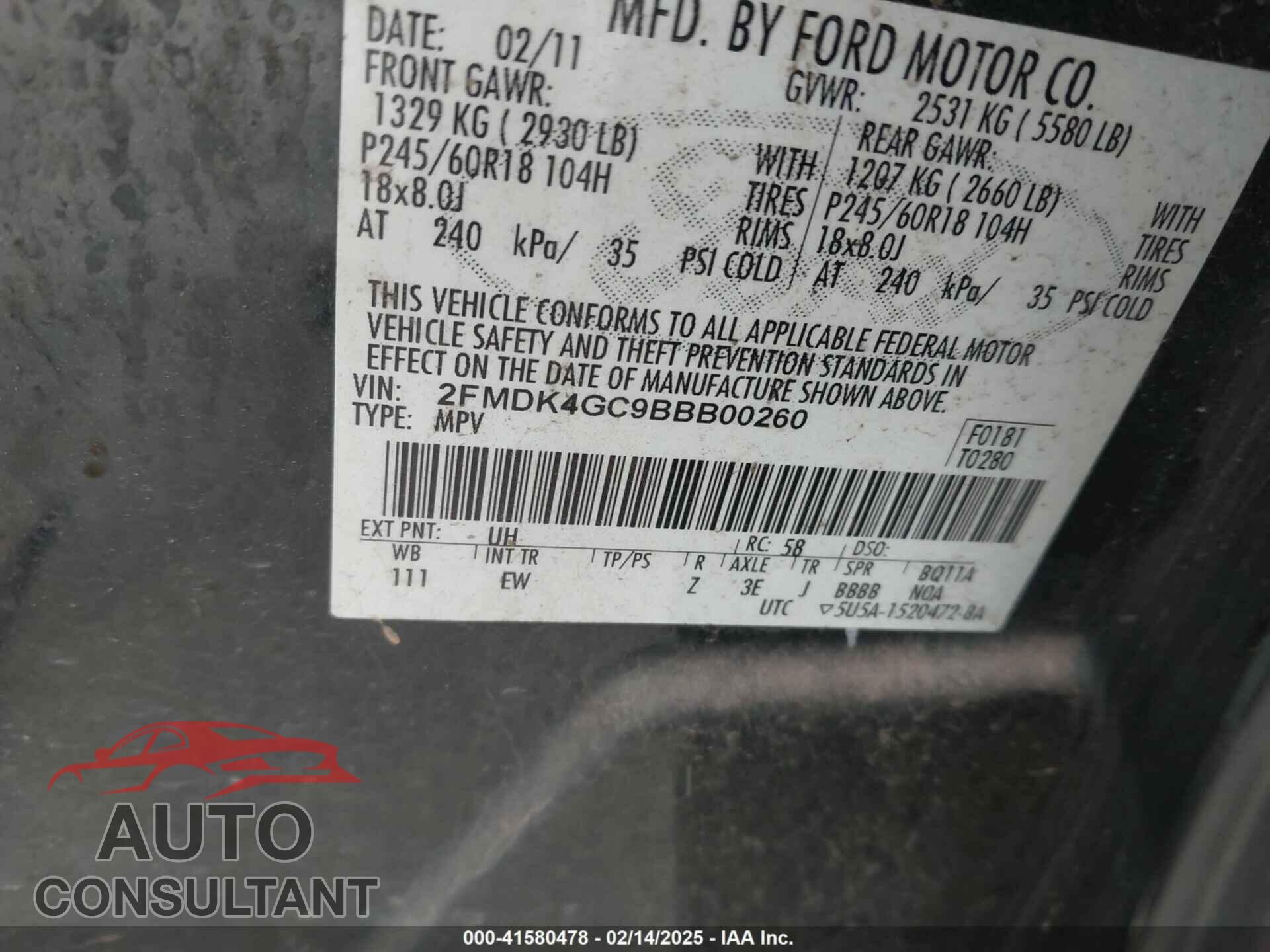 FORD EDGE 2011 - 2FMDK4GC9BBB00260