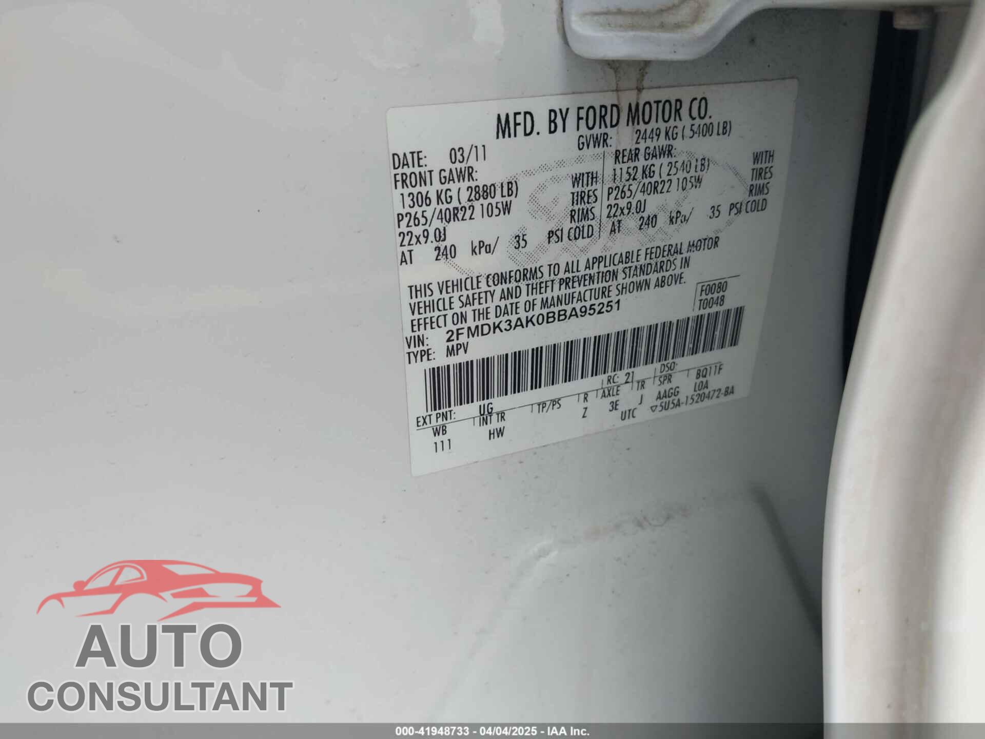 FORD EDGE 2011 - 2FMDK3AK0BBA95251
