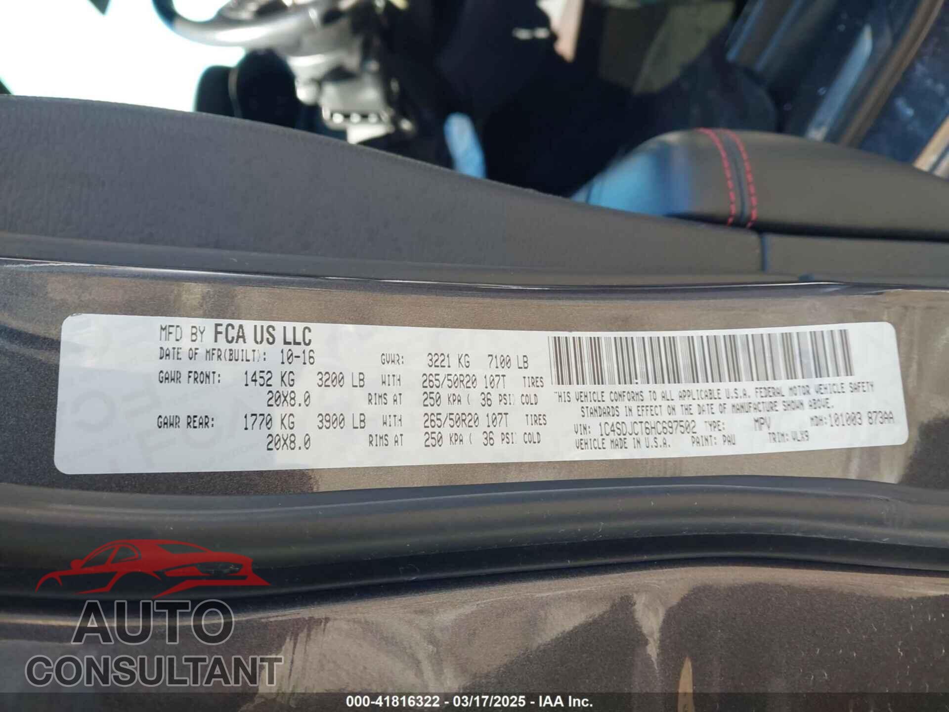 DODGE DURANGO 2017 - 1C4SDJCT6HC697502