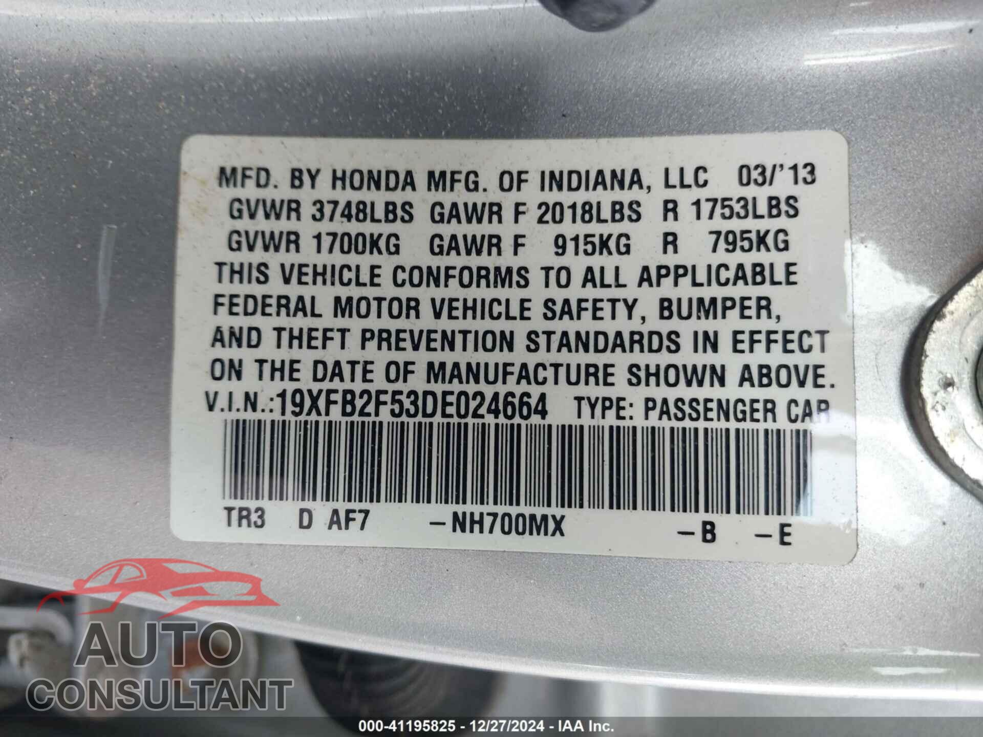 HONDA CIVIC 2013 - 19XFB2F53DE024664