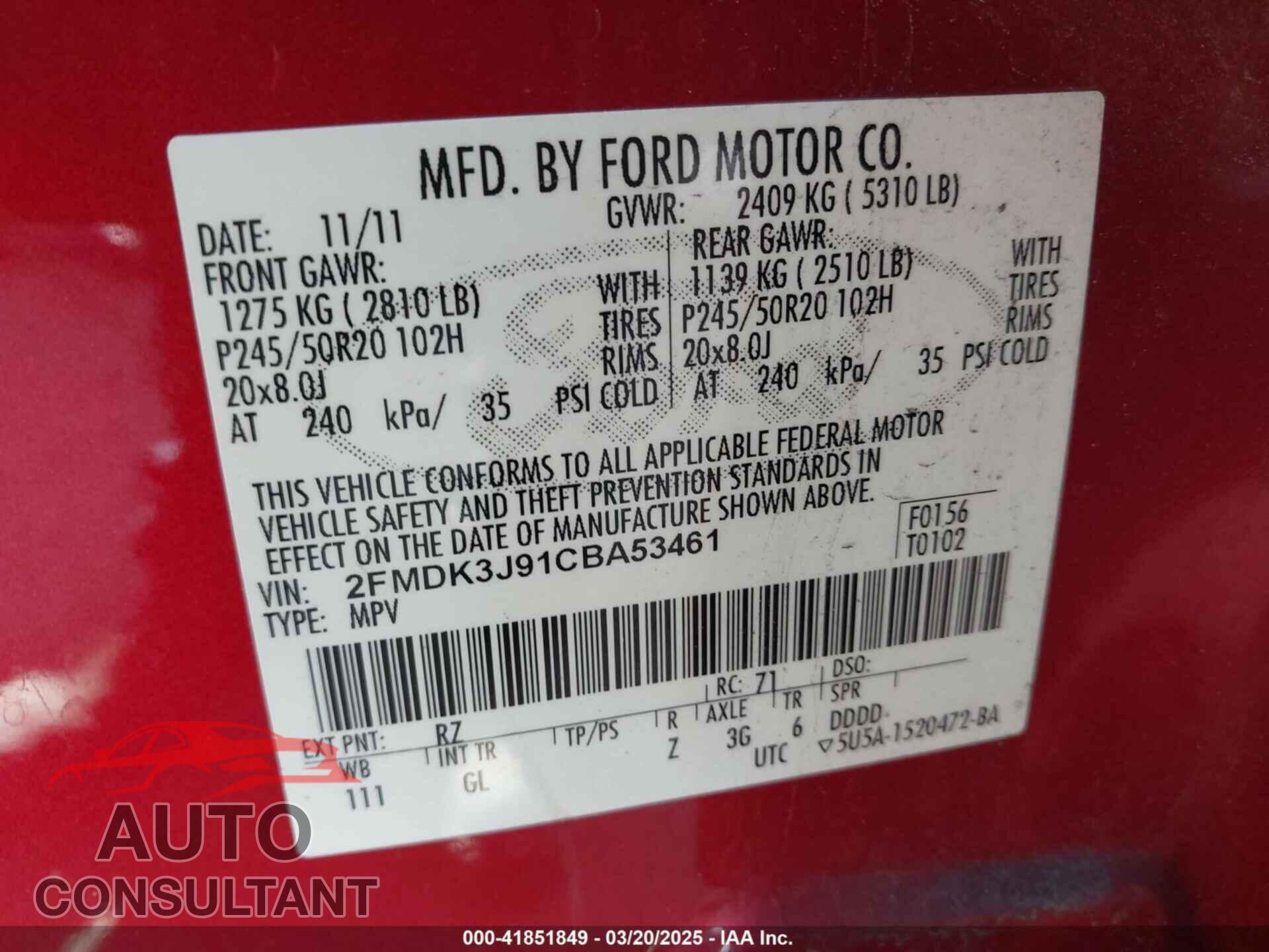 FORD EDGE 2012 - 2FMDK3J91CBA53461