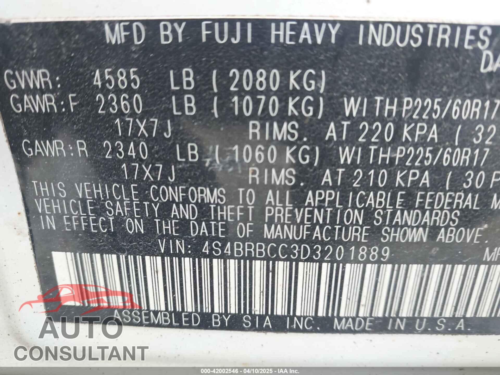 SUBARU OUTBACK 2013 - 4S4BRBCC3D3201889