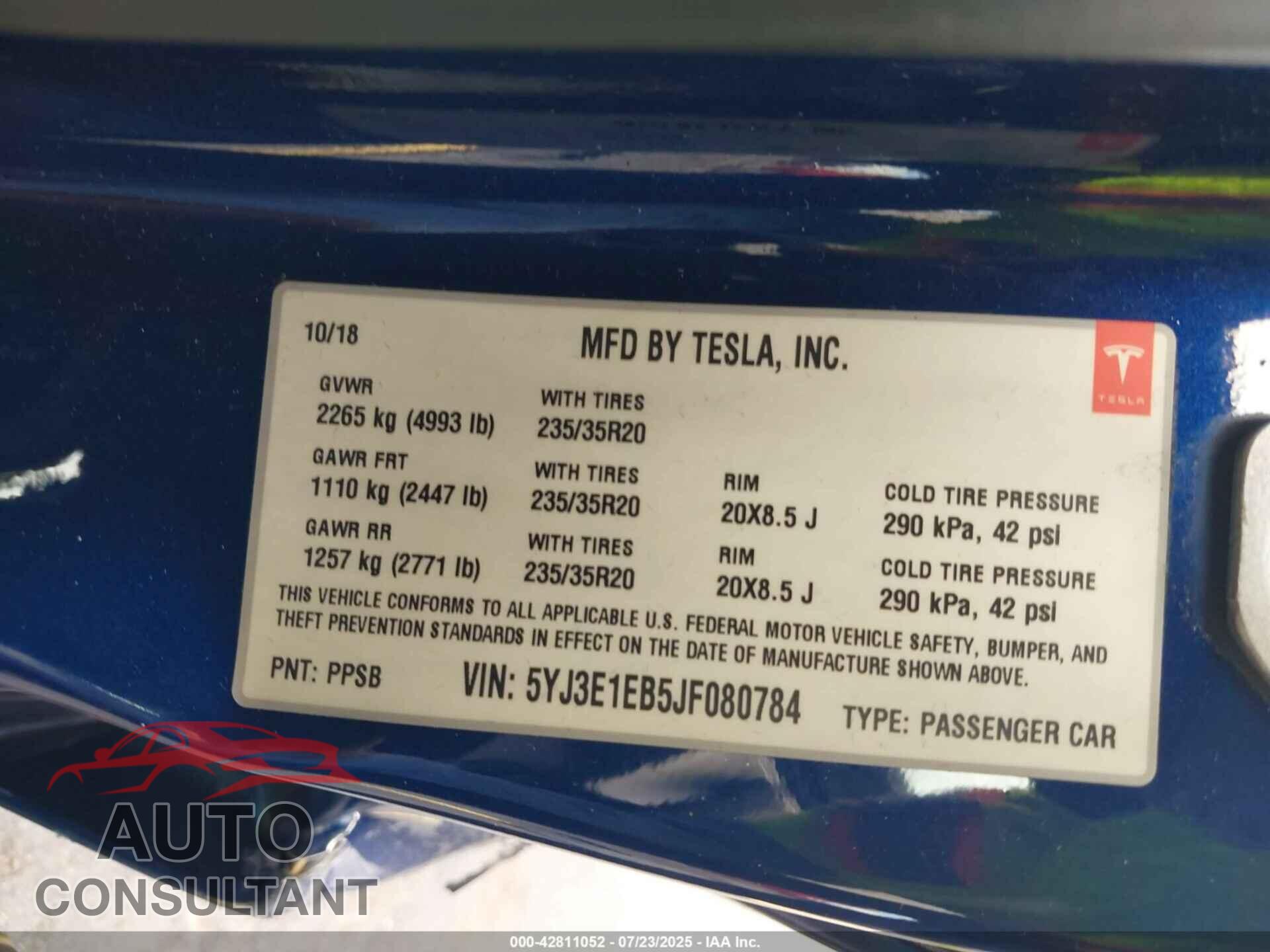TESLA MODEL 3 2018 - 5YJ3E1EB5JF080784