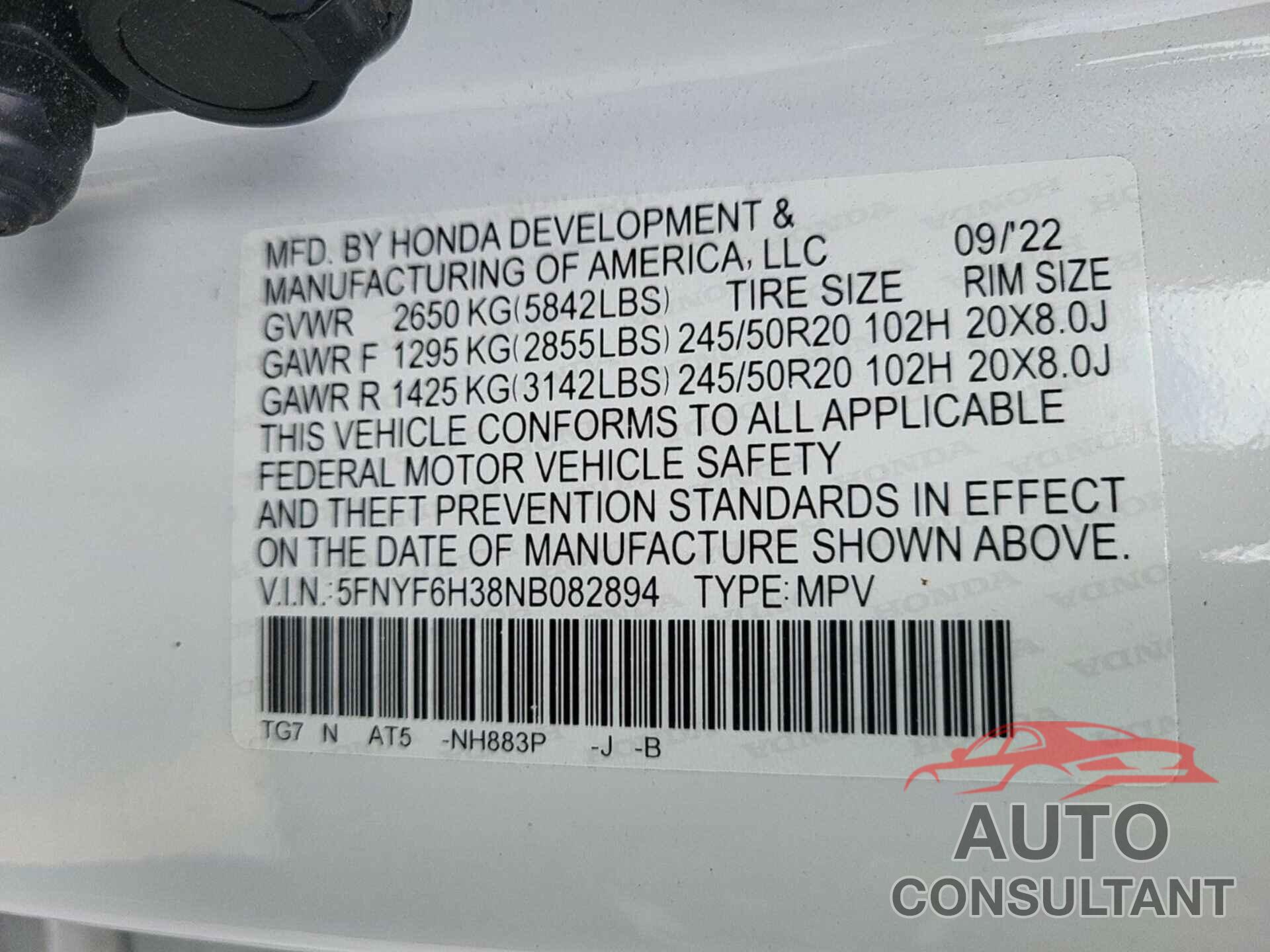 HONDA PILOT 2022 - 5FNYF6H38NB082894