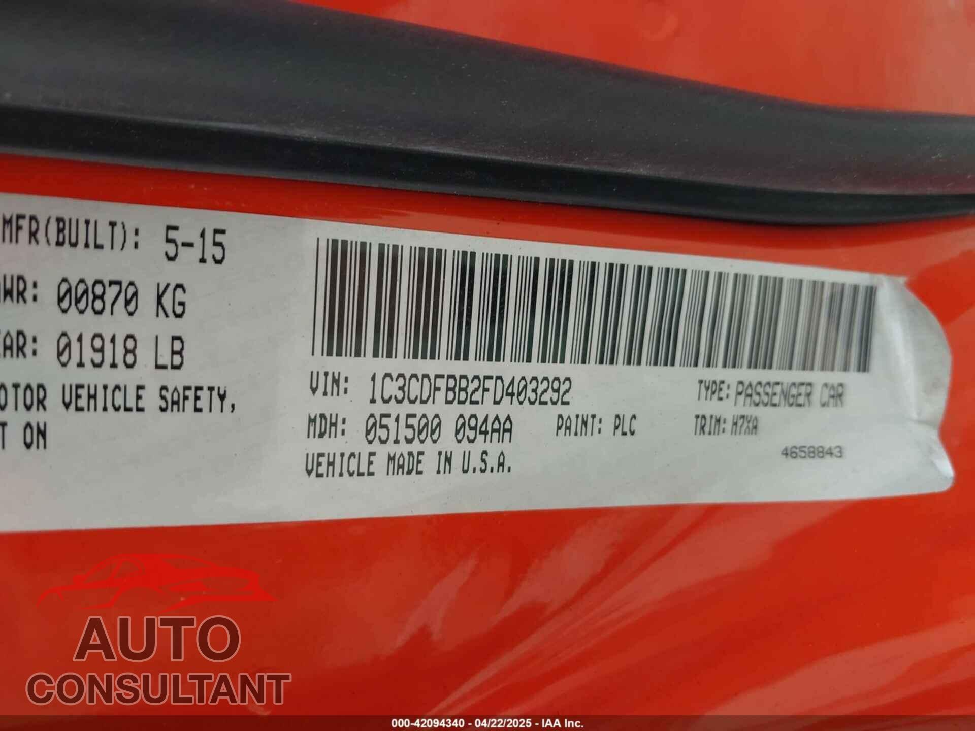 DODGE DART 2015 - 1C3CDFBB2FD403292