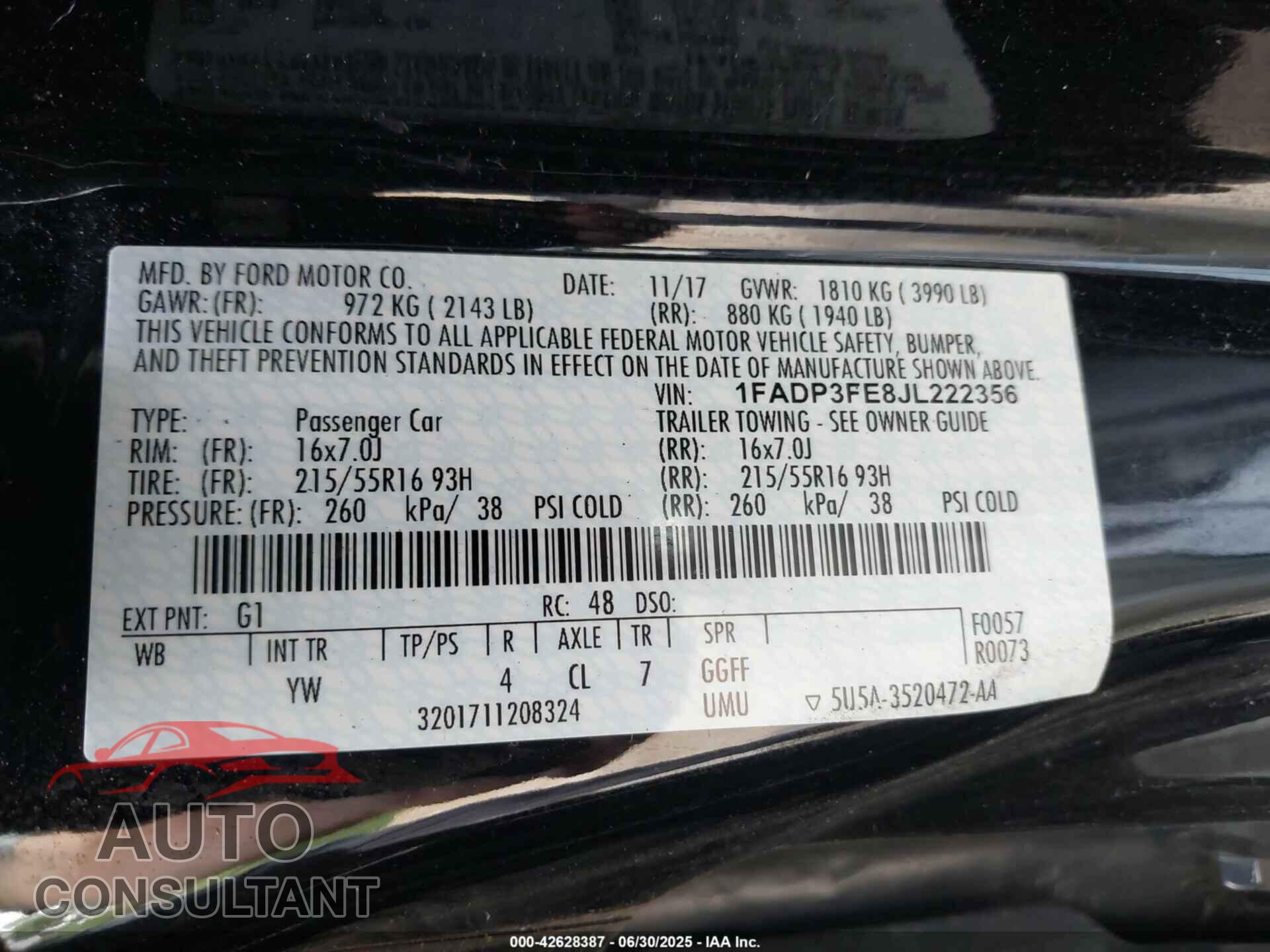 FORD FOCUS 2018 - 1FADP3FE8JL222356