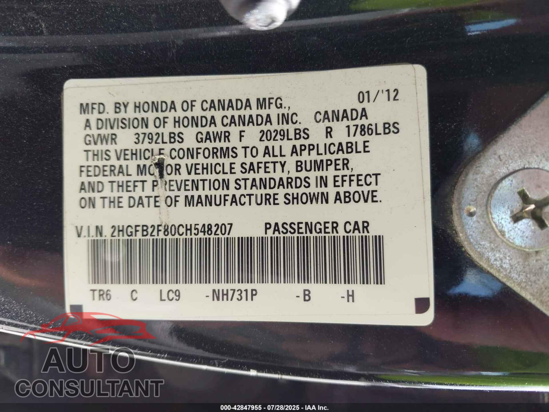 HONDA CIVIC 2012 - 2HGFB2F80CH548207