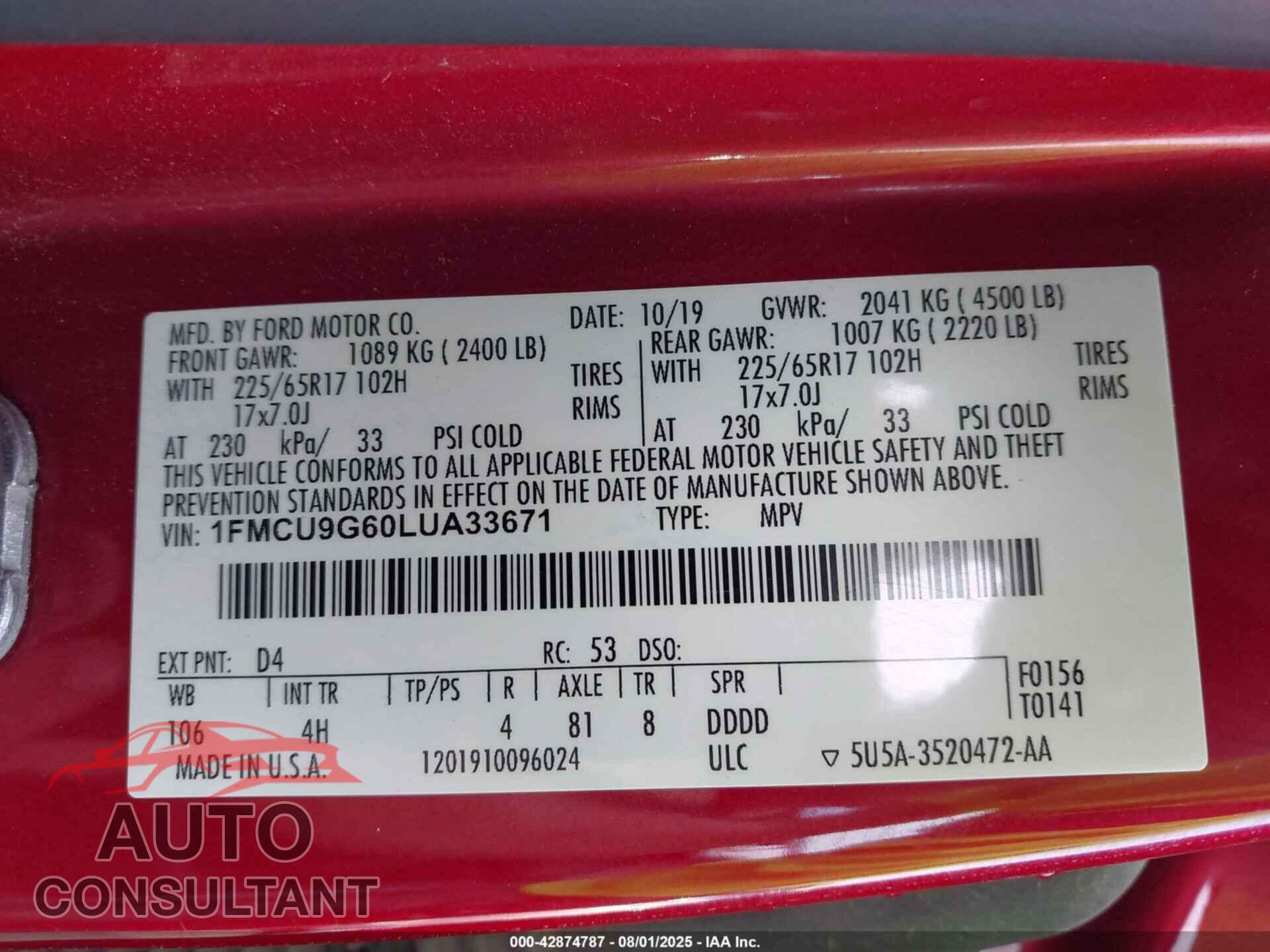 FORD ESCAPE 2020 - 1FMCU9G60LUA33671