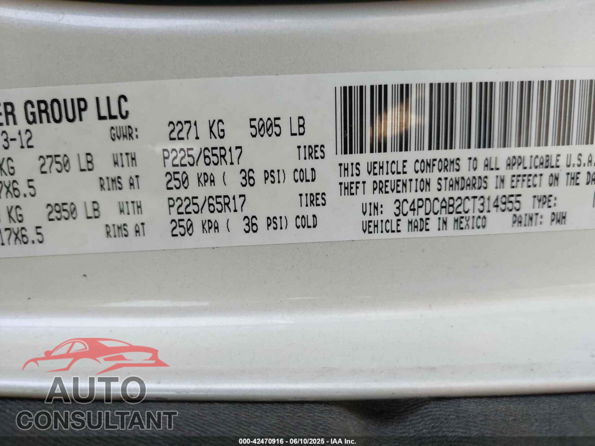 DODGE JOURNEY 2012 - 3C4PDCAB2CT314955