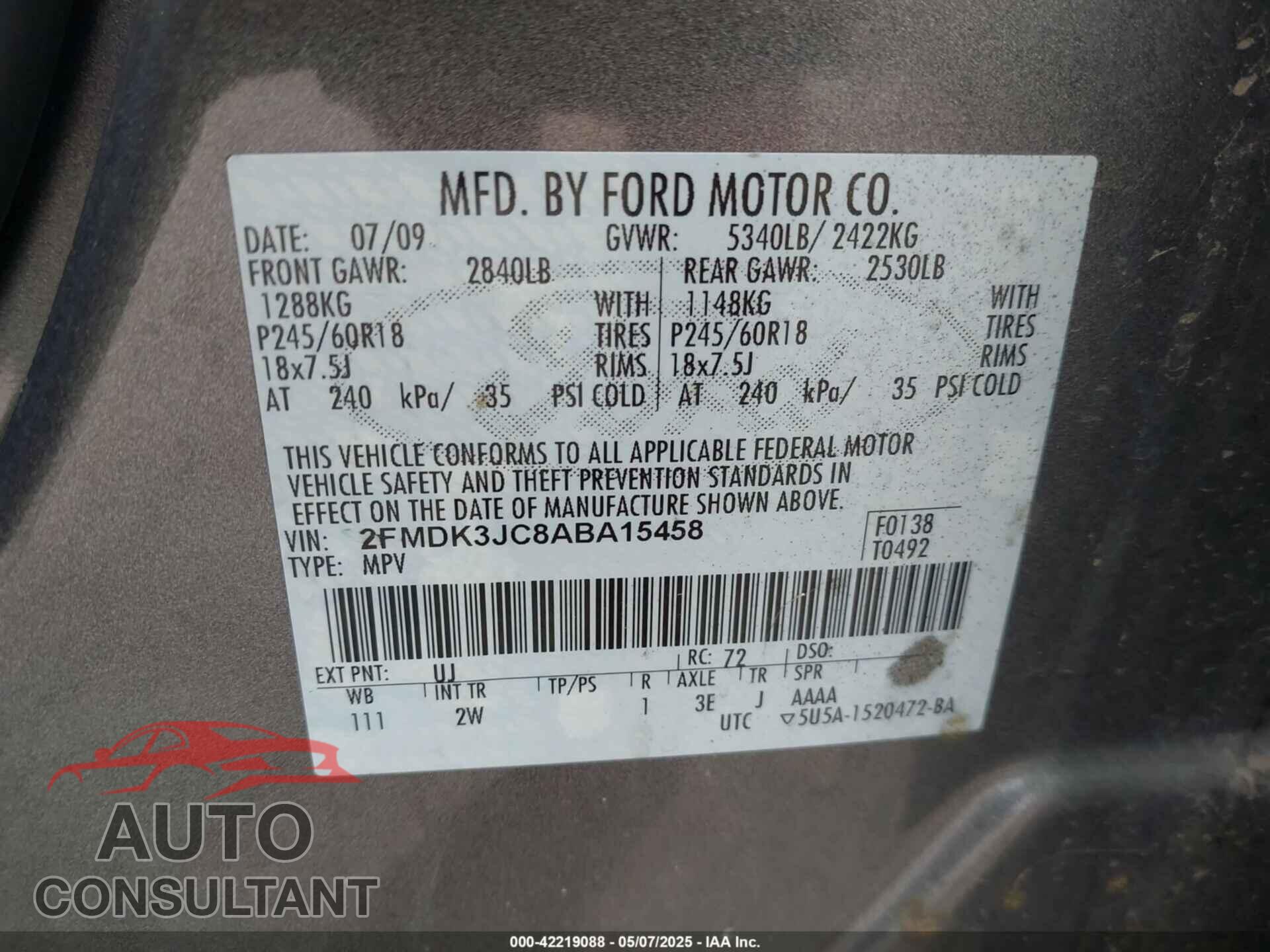 FORD EDGE 2010 - 2FMDK3JC8ABA15458