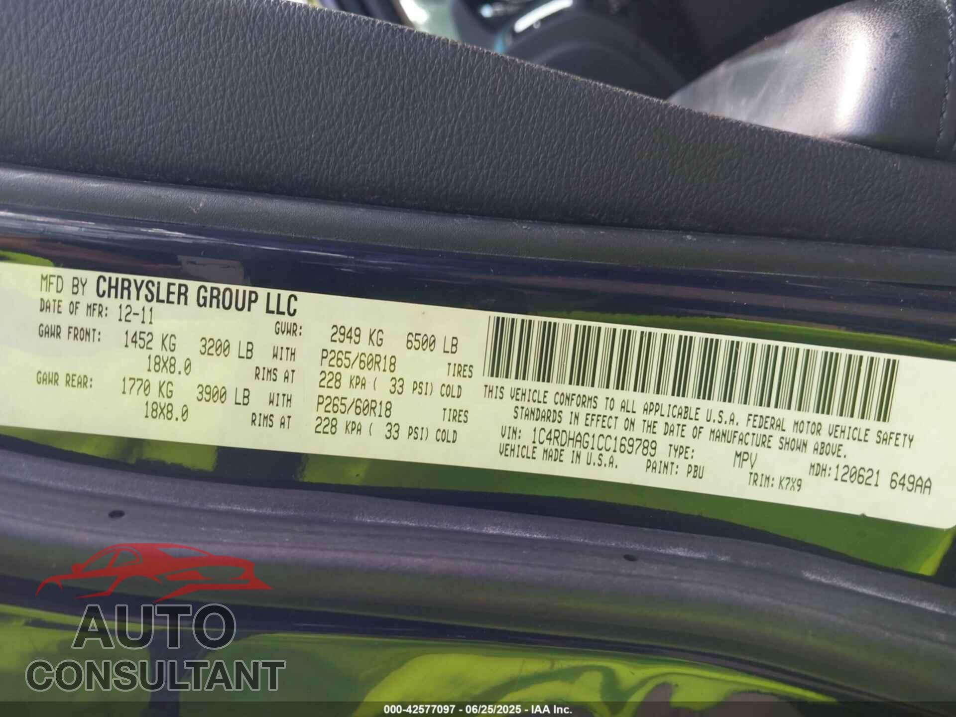 DODGE DURANGO 2012 - 1C4RDHAG1CC169789