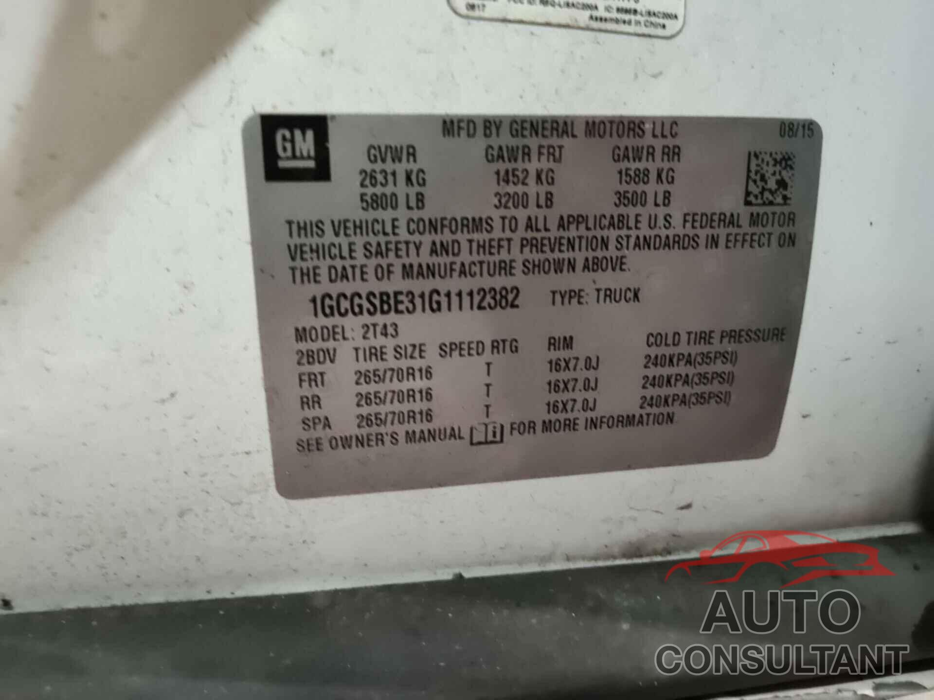 CHEVROLET COLORADO 2016 - 1GCGSBE31G1112382