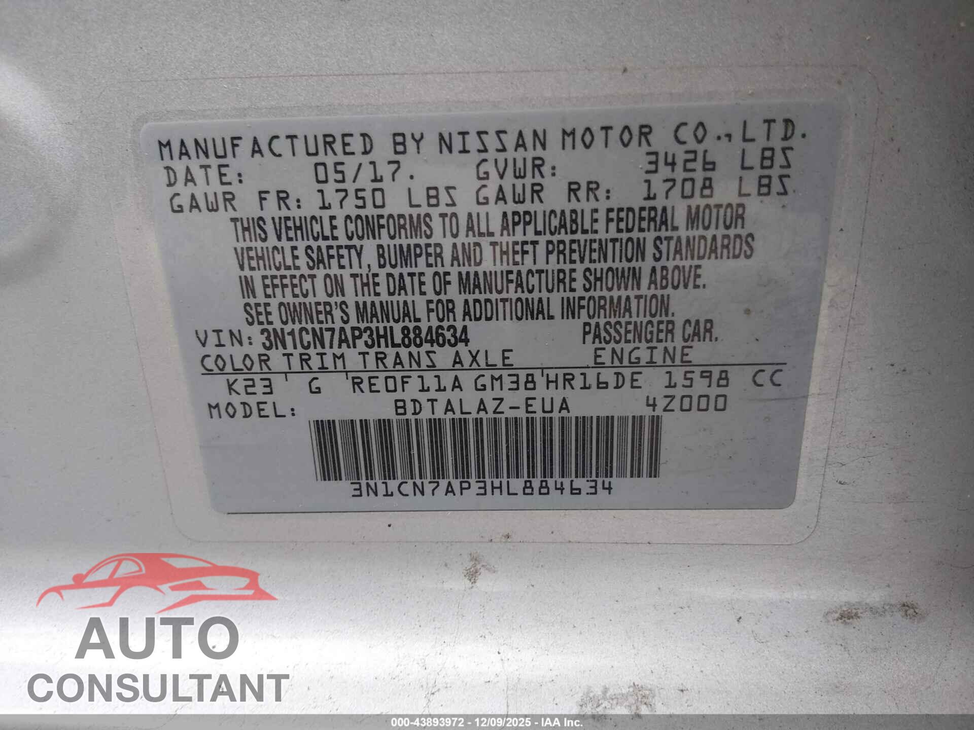 NISSAN VERSA 2017 - 3N1CN7AP3HL884634