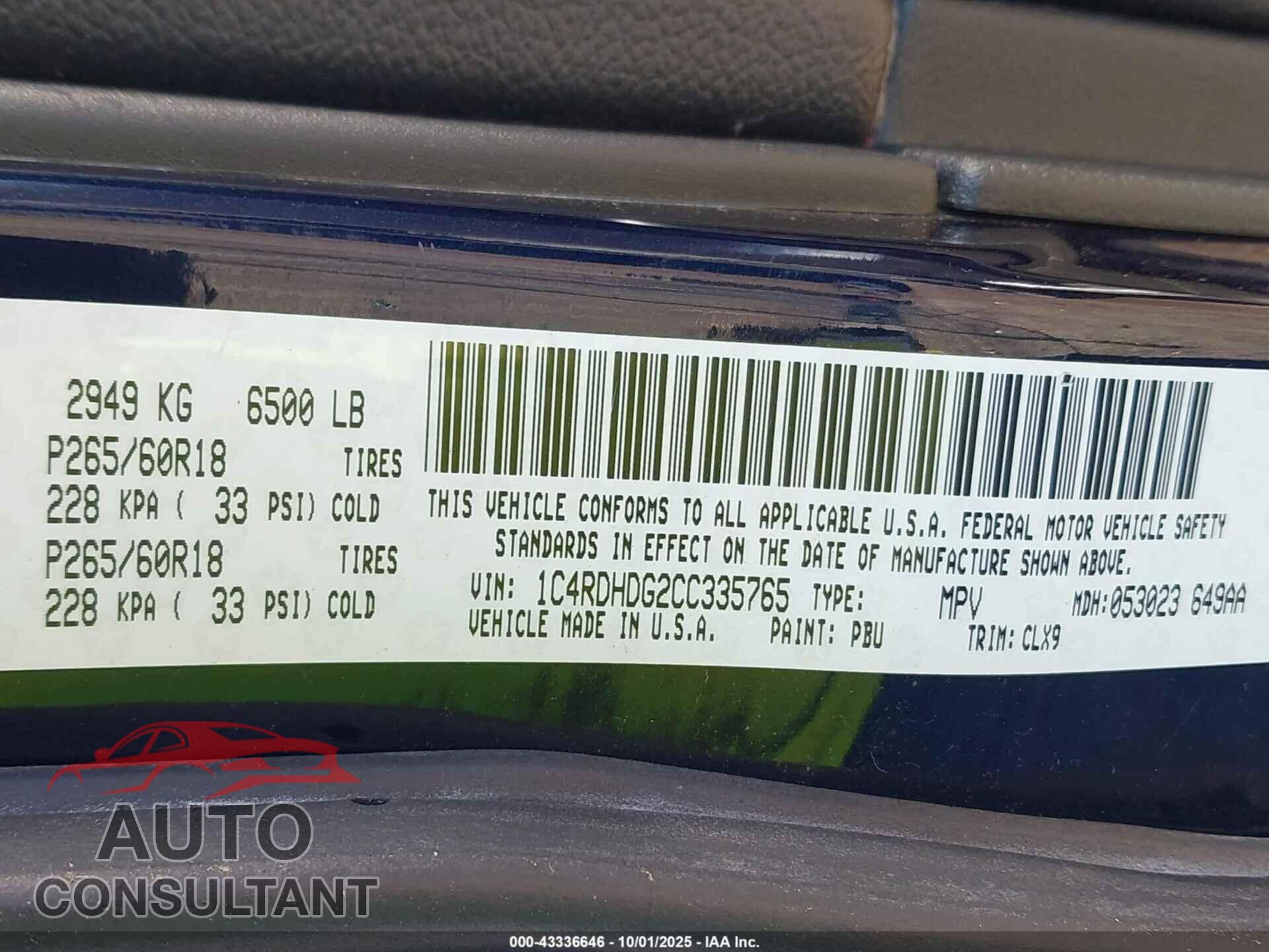 DODGE DURANGO 2012 - 1C4RDHDG2CC335765