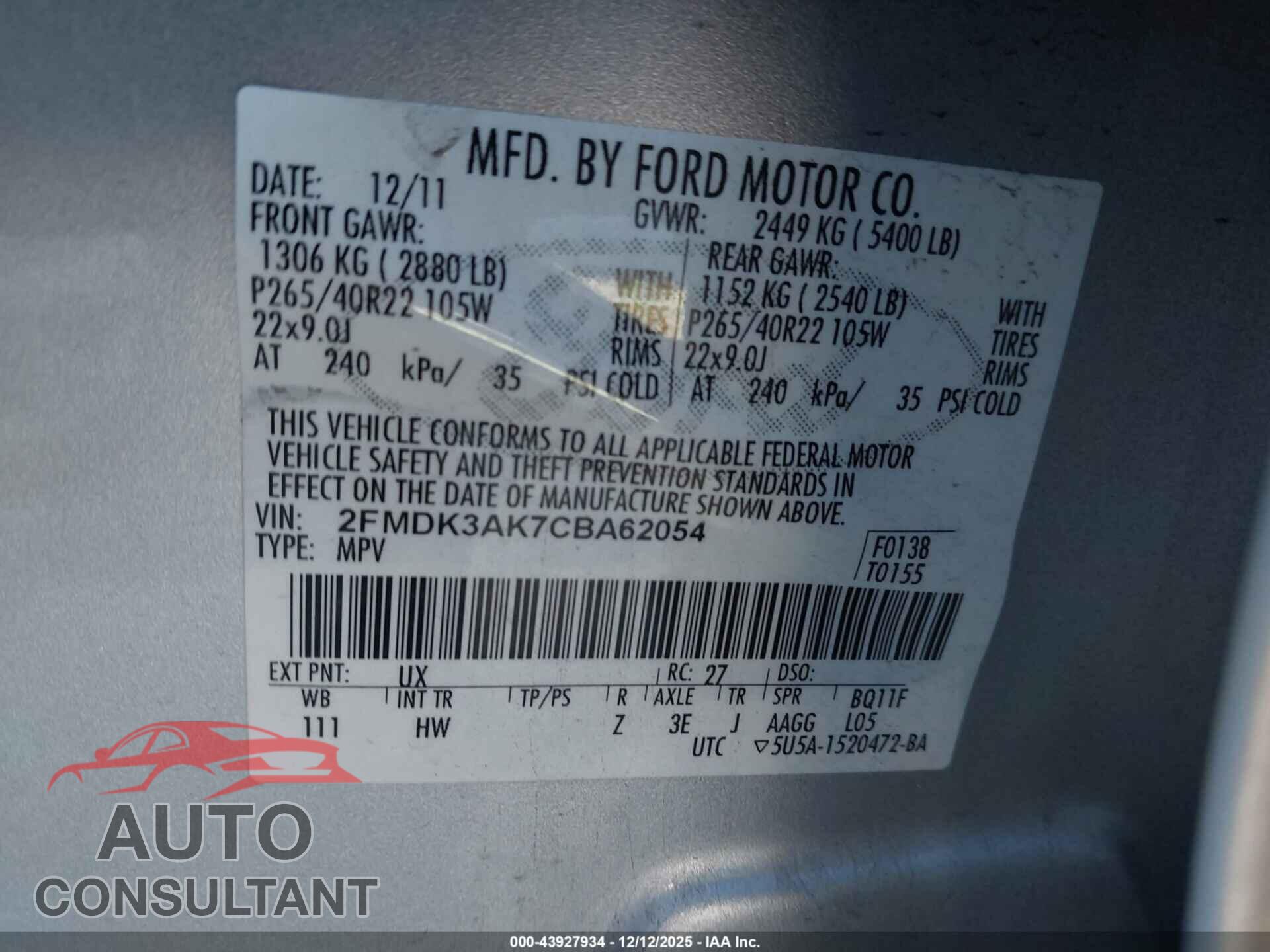FORD EDGE 2012 - 2FMDK3AK7CBA62054