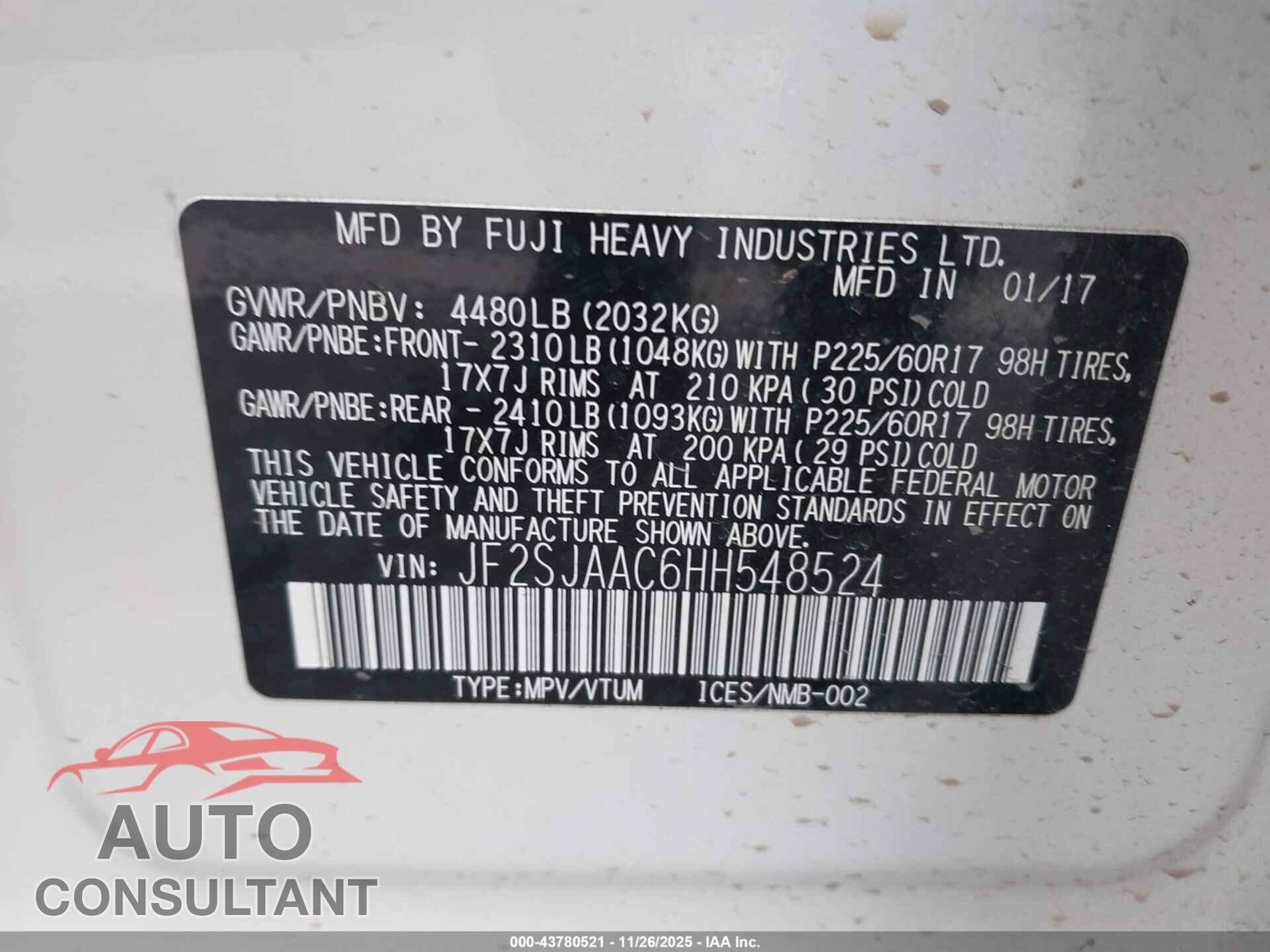 SUBARU FORESTER 2017 - JF2SJAAC6HH548524