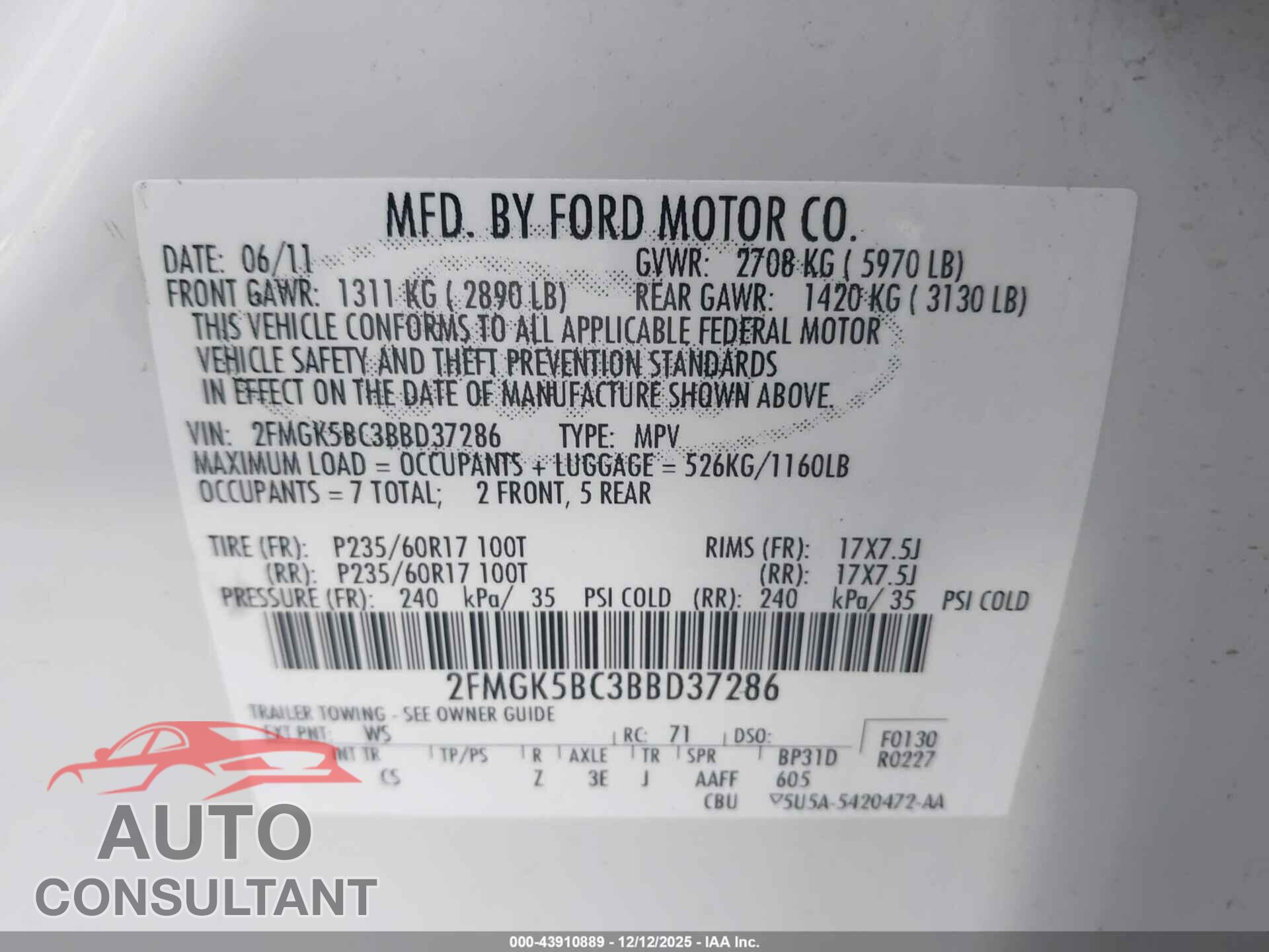 FORD FLEX 2011 - 2FMGK5BC3BBD37286