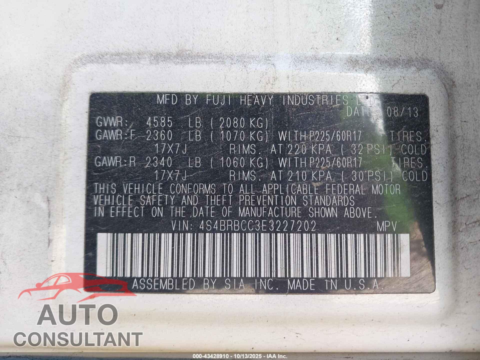 SUBARU OUTBACK 2014 - 4S4BRBCC3E3227202