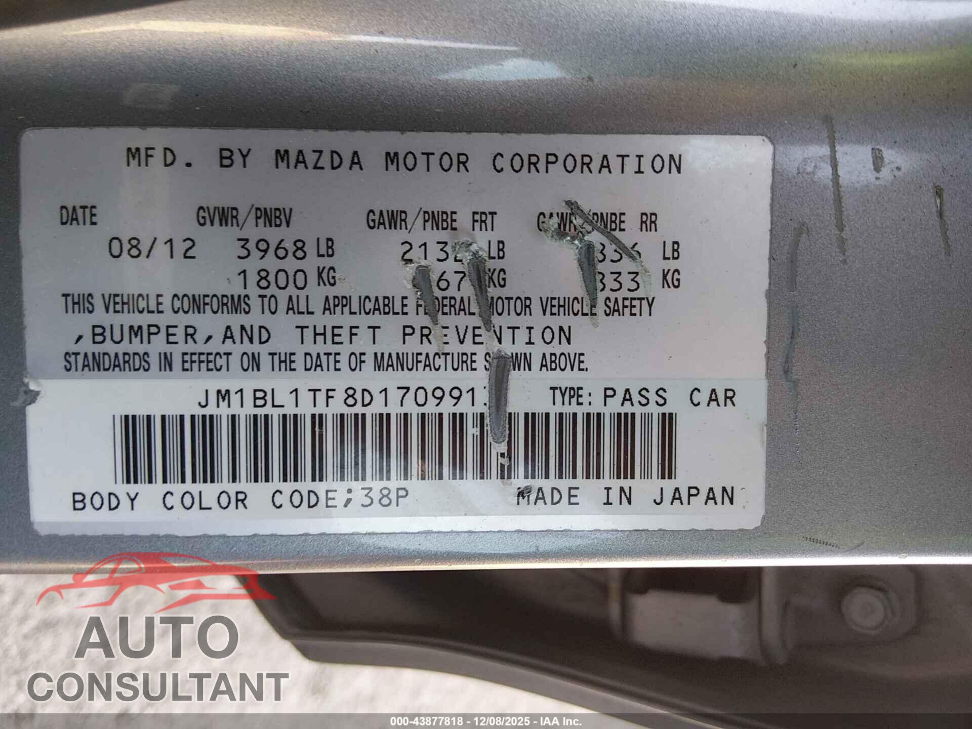 MAZDA MAZDA3 2013 - JM1BL1TF8D1709913