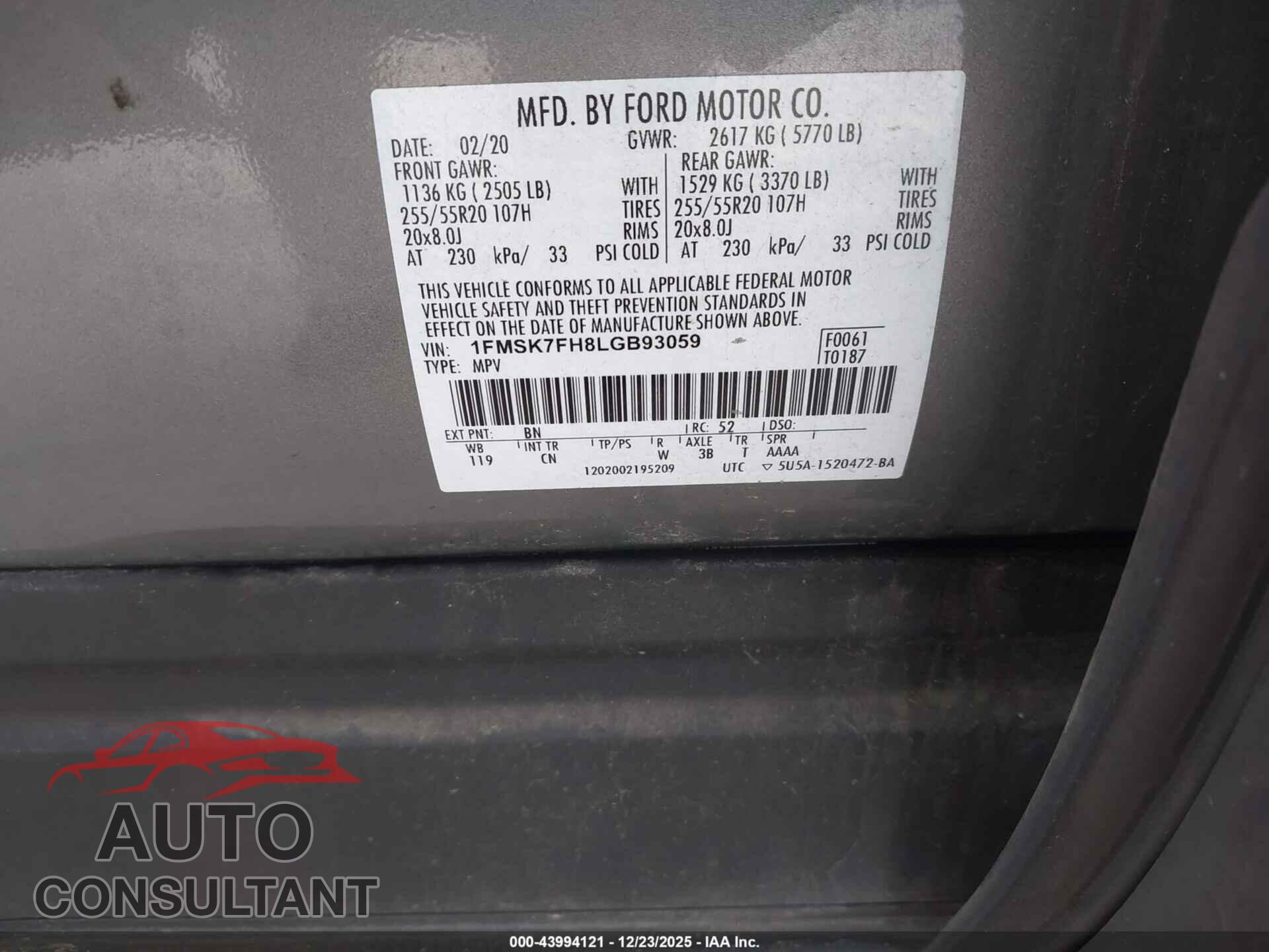 FORD EXPLORER 2020 - 1FMSK7FH8LGB93059