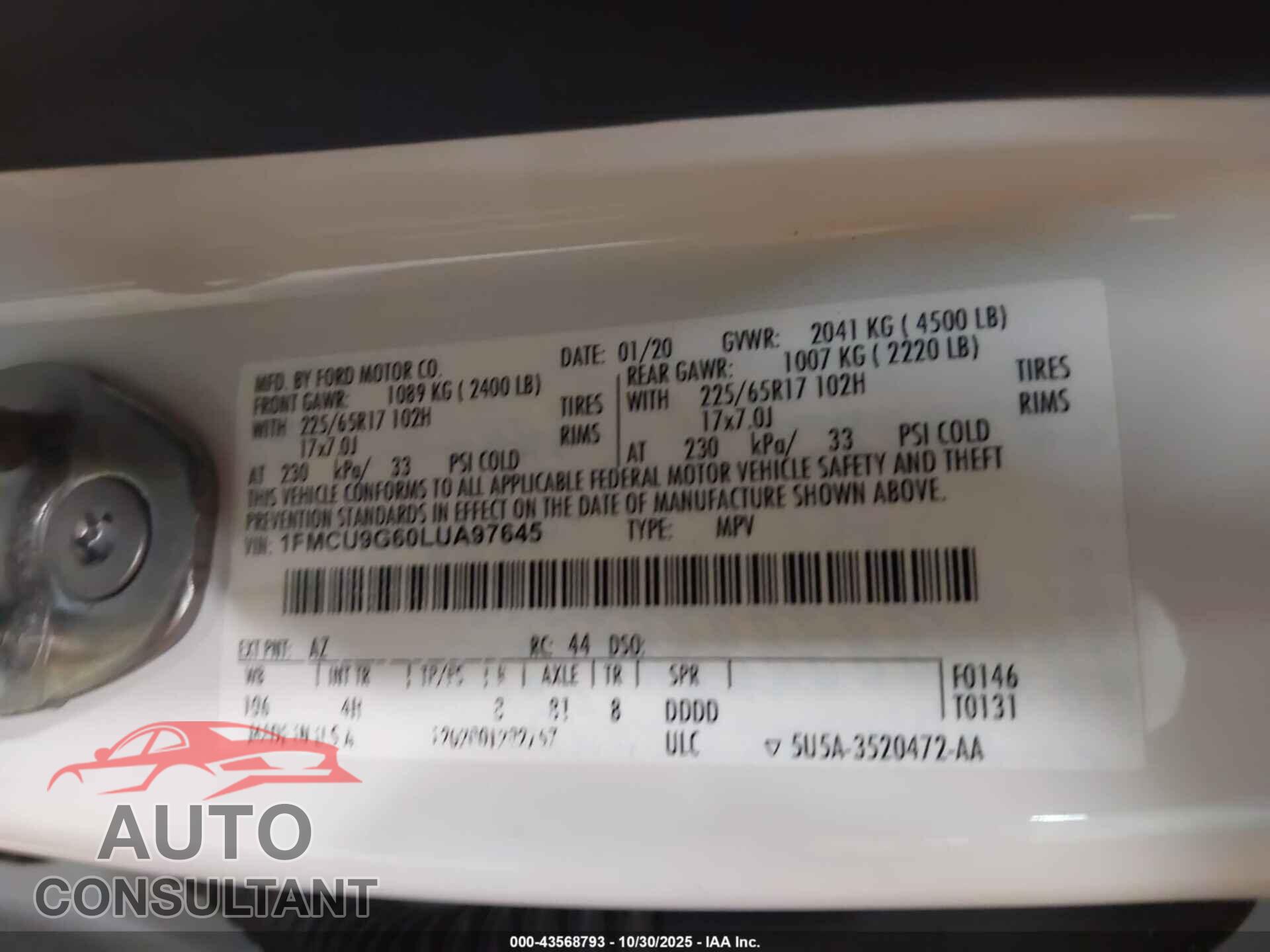 FORD ESCAPE 2020 - 1FMCU9G60LUA97645