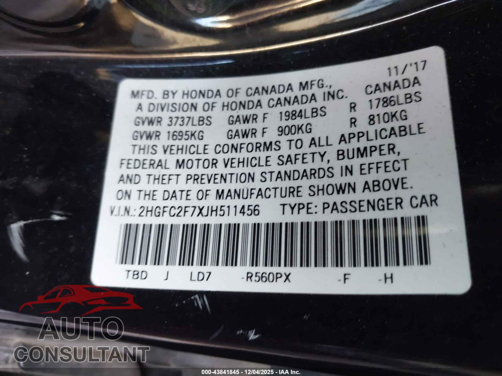 HONDA CIVIC 2018 - 2HGFC2F7XJH511456