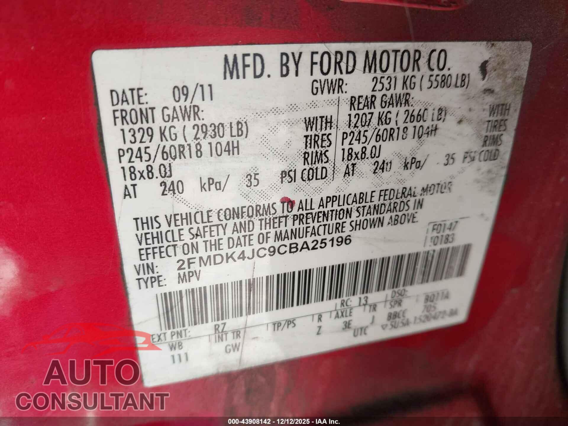 FORD EDGE 2012 - 2FMDK4JC9CBA25196