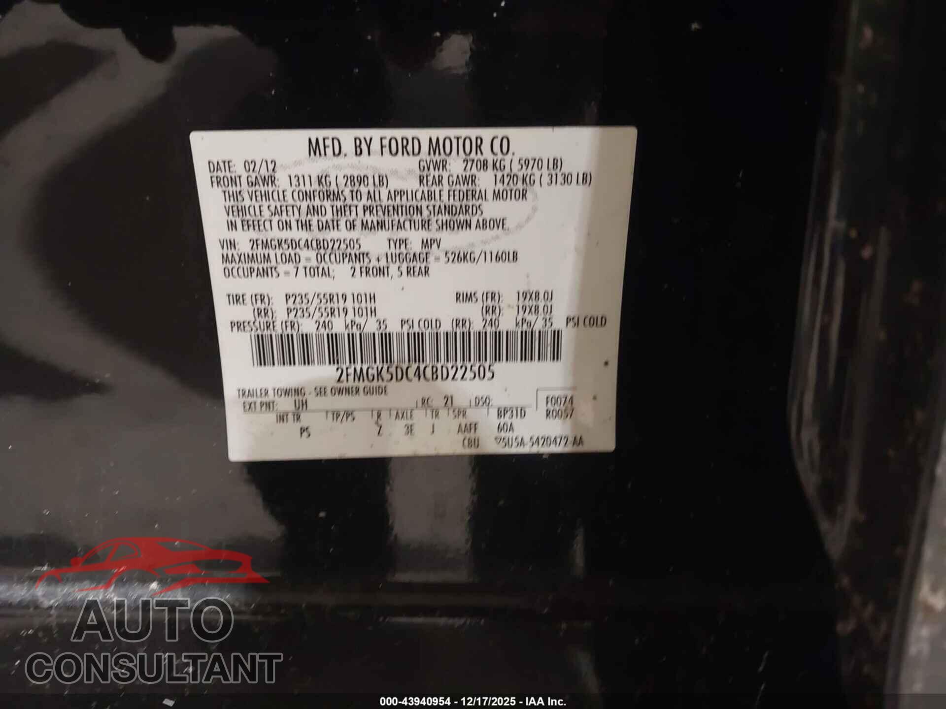 FORD FLEX 2012 - 2FMGK5DC4CBD22505