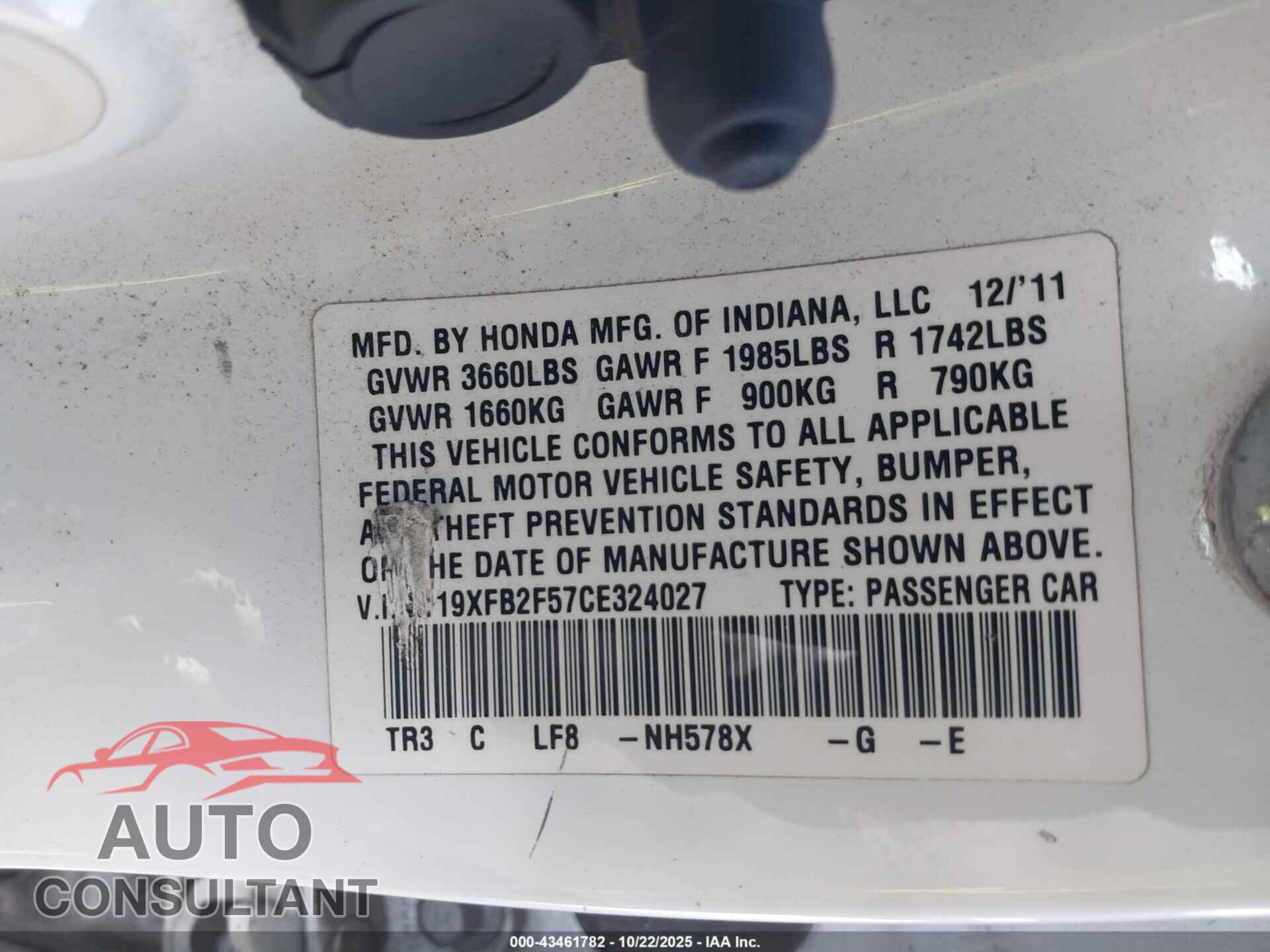 HONDA CIVIC 2012 - 19XFB2F57CE324027