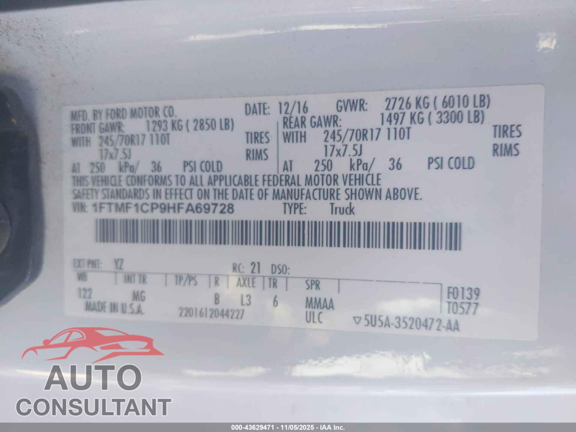 FORD F-150 2017 - 1FTMF1CP9HFA69728