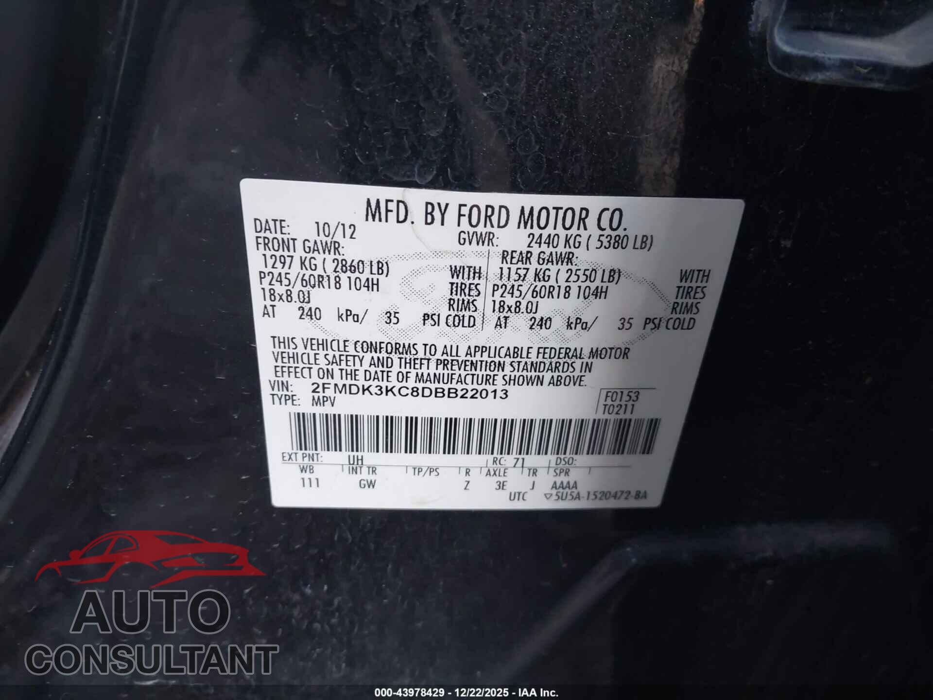 FORD EDGE 2013 - 2FMDK3KC8DBB22013