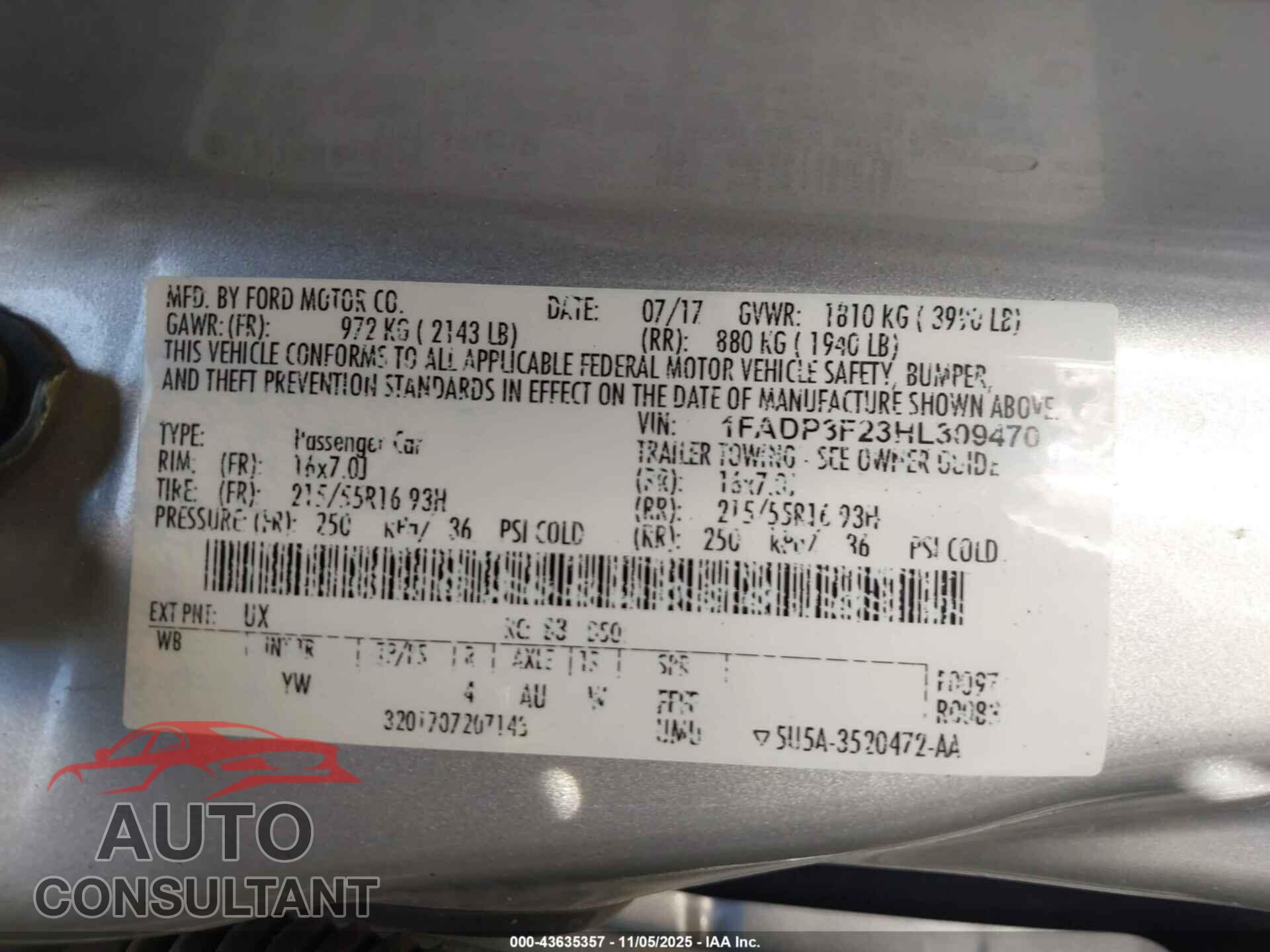 FORD FOCUS 2017 - 1FADP3F23HL309470