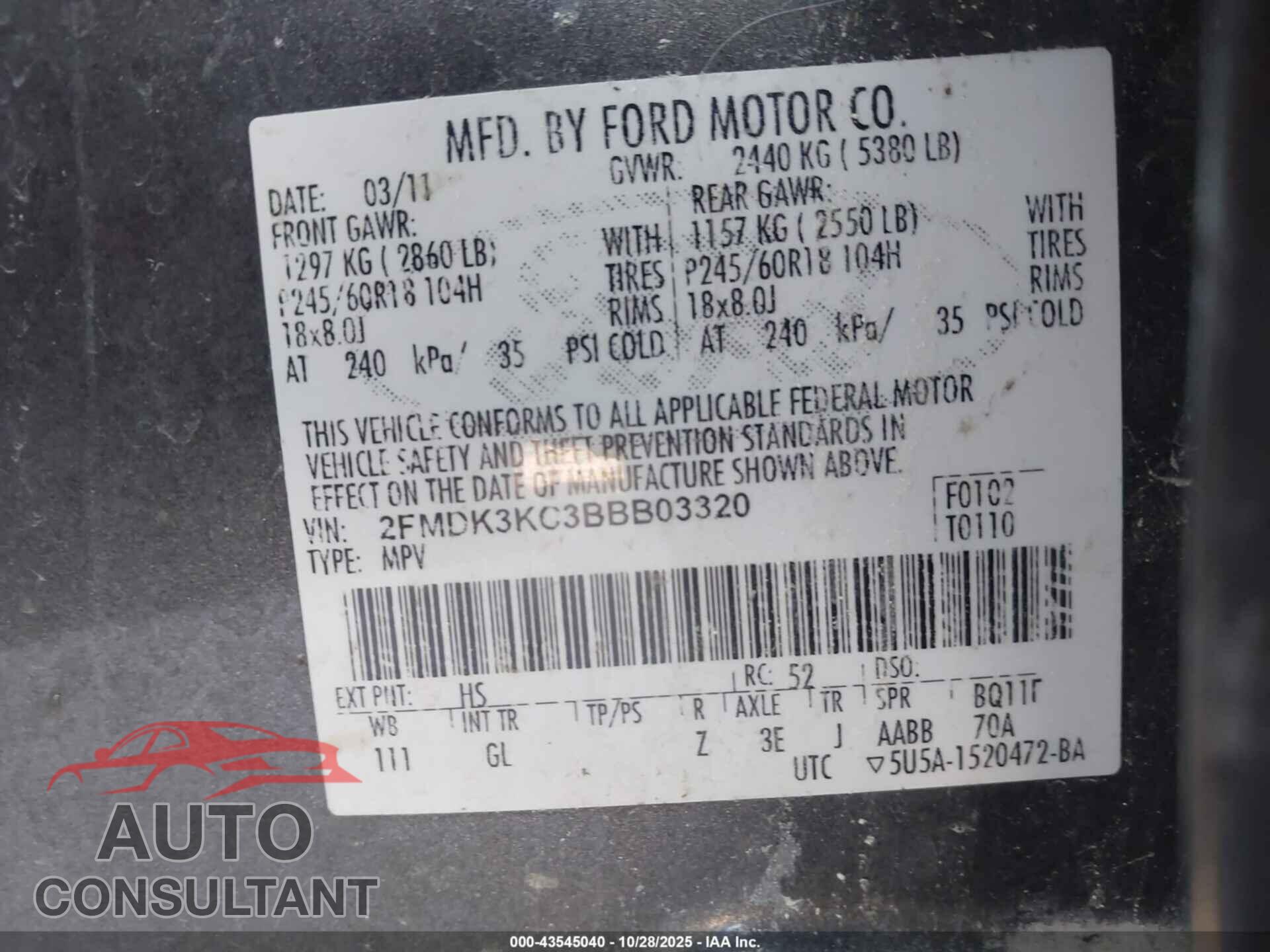FORD EDGE 2011 - 2FMDK3KC3BBB03320