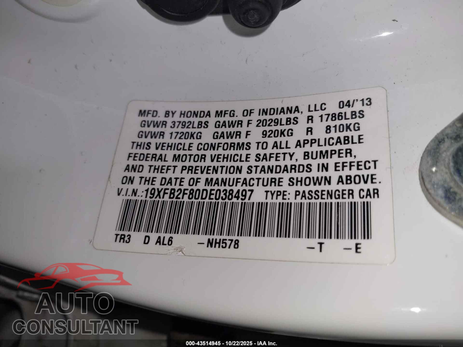 HONDA CIVIC 2013 - 19XFB2F80DE038497