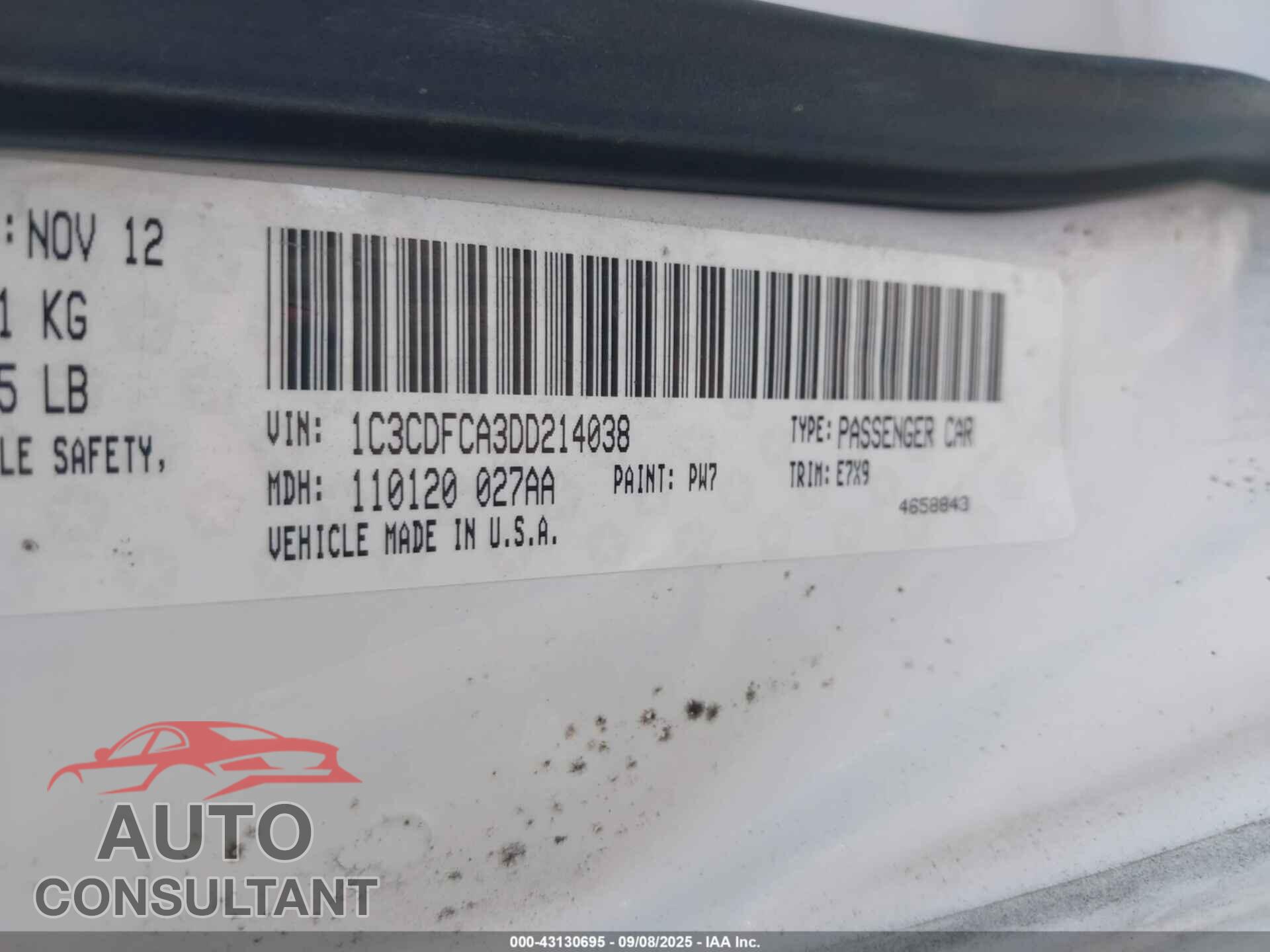 DODGE DART 2013 - 1C3CDFCA3DD214038