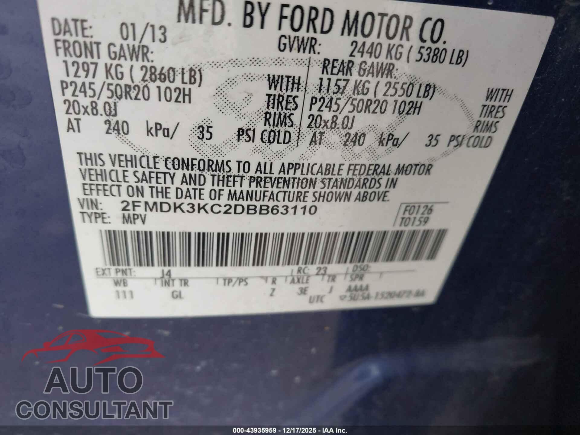 FORD EDGE 2013 - 2FMDK3KC2DBB63110