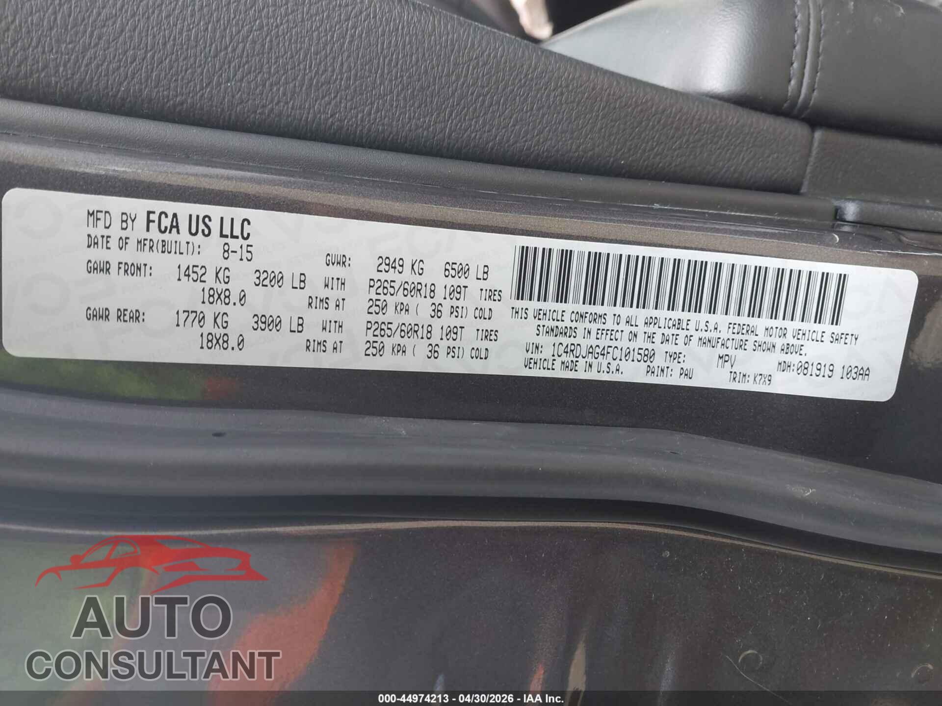 DODGE DURANGO 2015 - 1C4RDJAG4FC101580