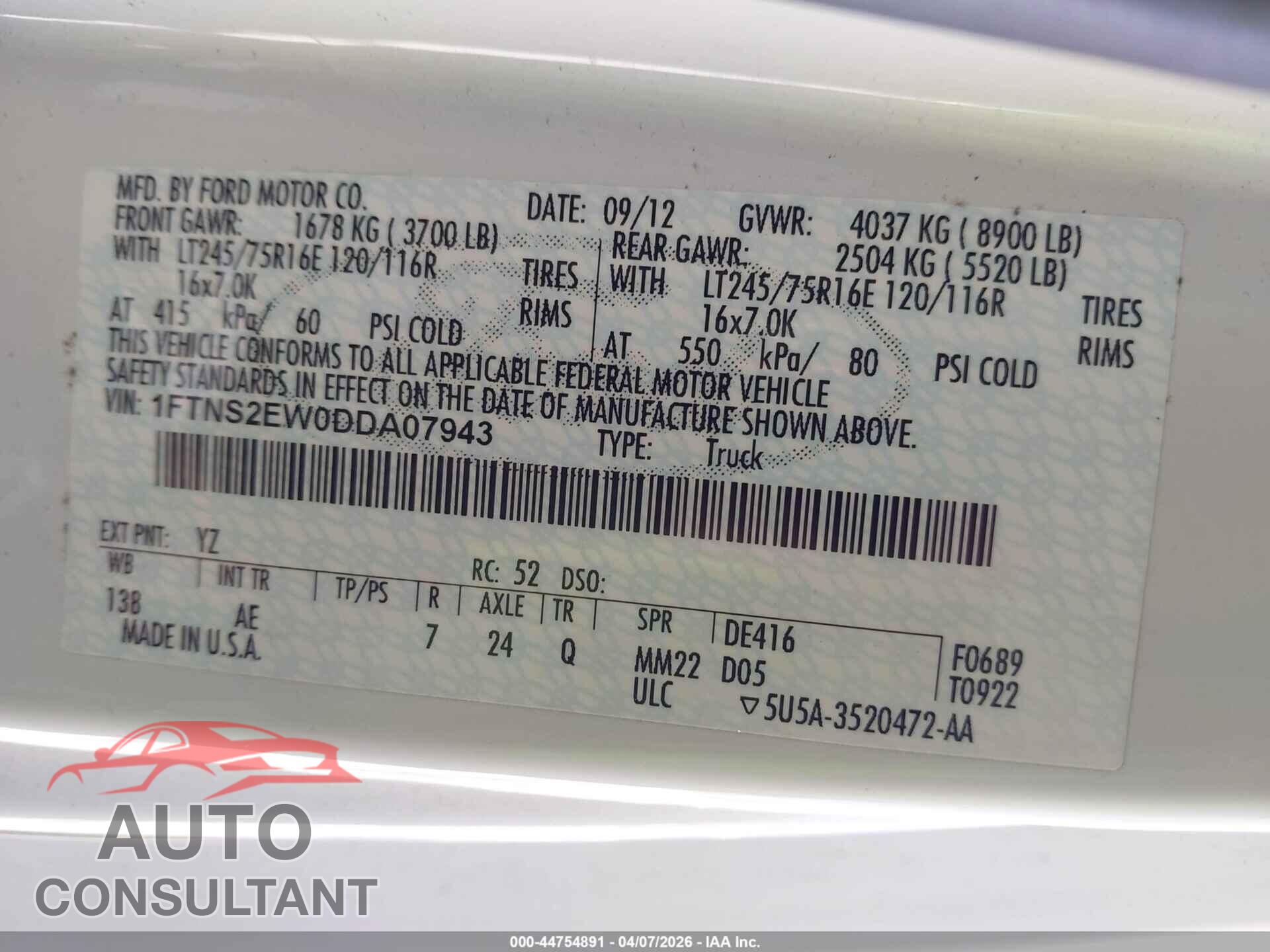 FORD E-250 2013 - 1FTNS2EW0DDA07943