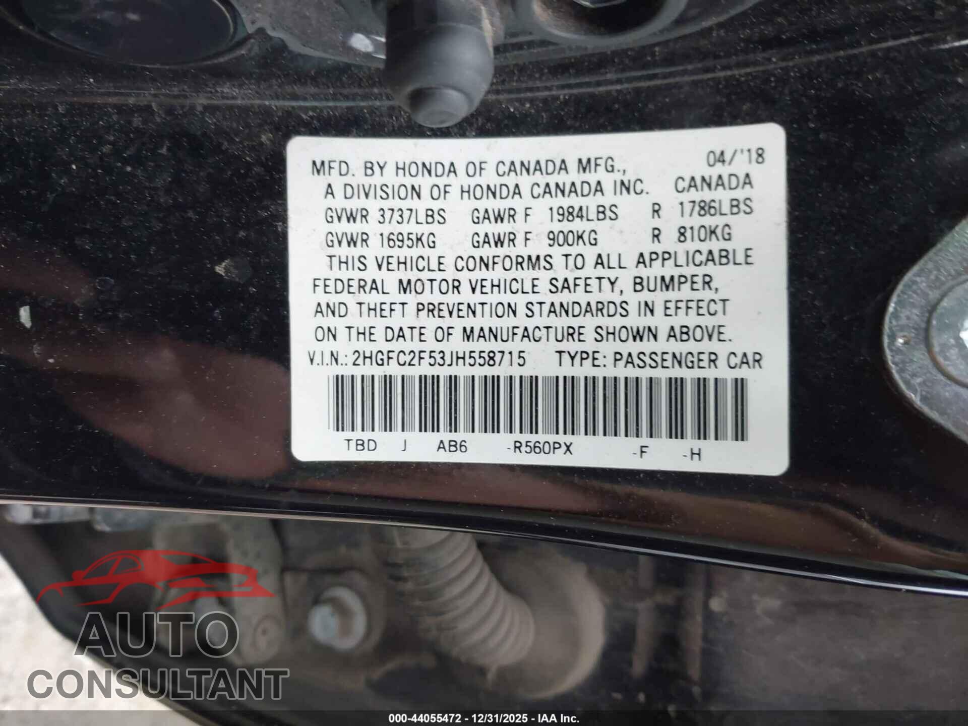 HONDA CIVIC 2018 - 2HGFC2F53JH558715